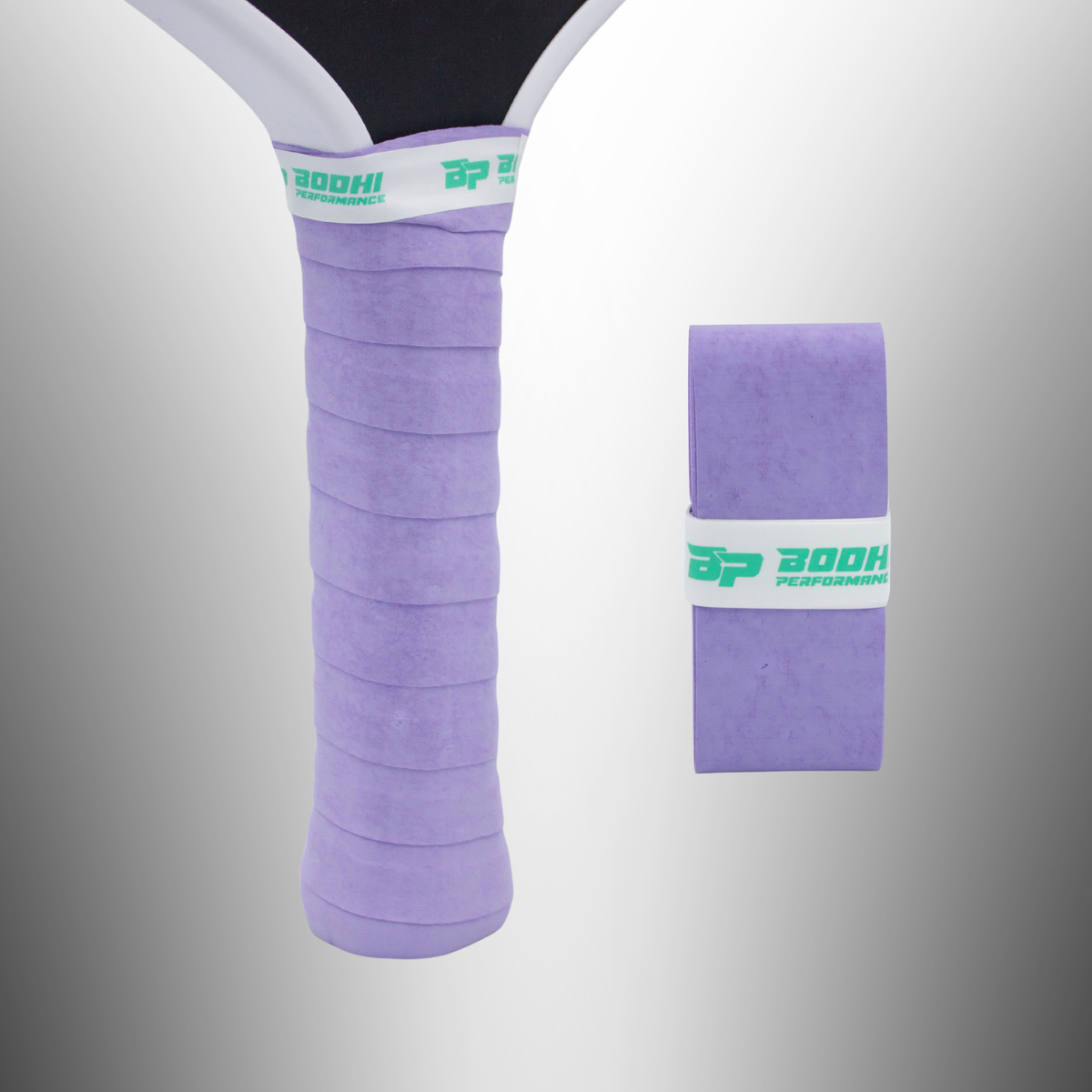Purple textured overgrip by Bodhi Performance with green logo band, shown wrapped on racket handle and as rolled product.