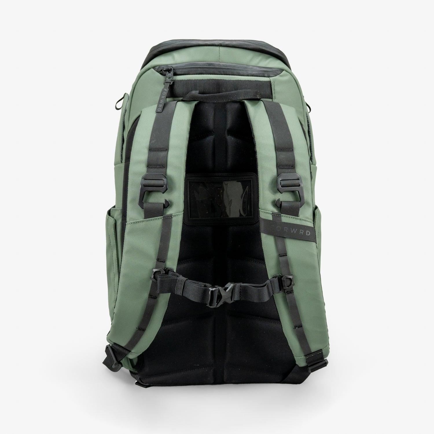 Sage green pickleball backpack by FORWRD, featuring a padded back panel, adjustable straps, and brand name on zipper pull and side.