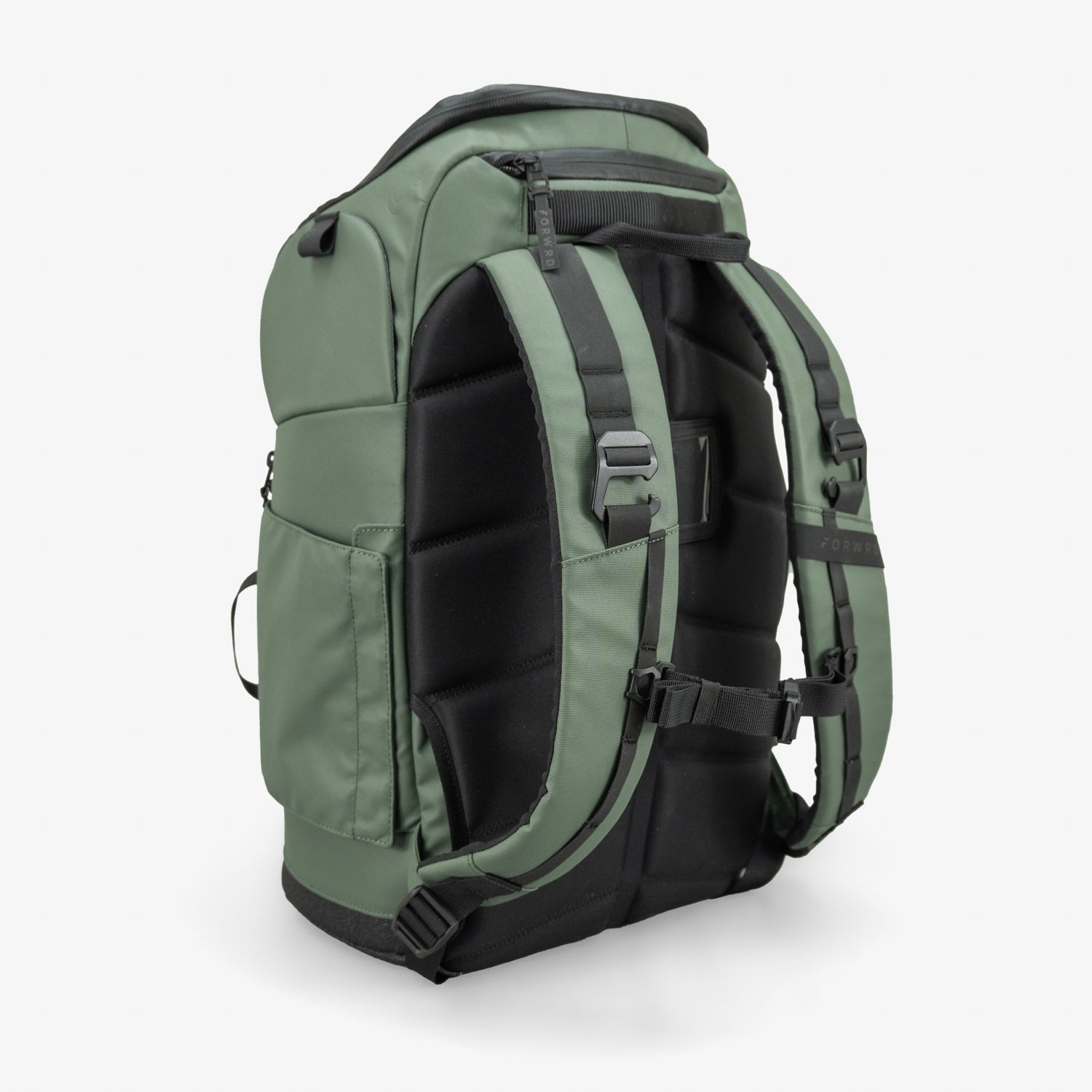 Green and black pickleball backpack by FORWRD, with padded back, adjustable straps, and side pocket, shown from the back.