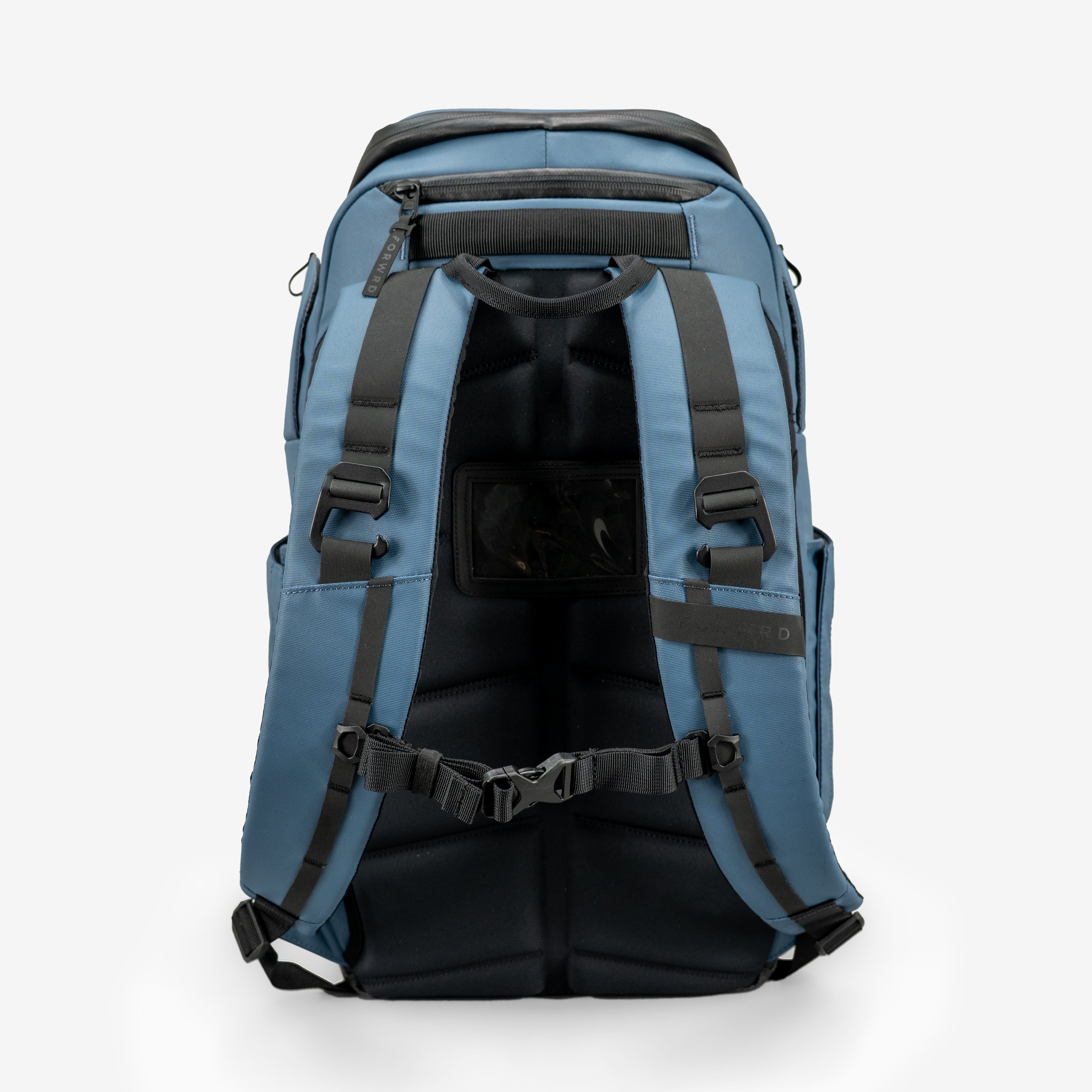Blue Court Caddy Pickleball Bag by FORWRD, with a padded back, adjustable shoulder straps, and waist buckle.