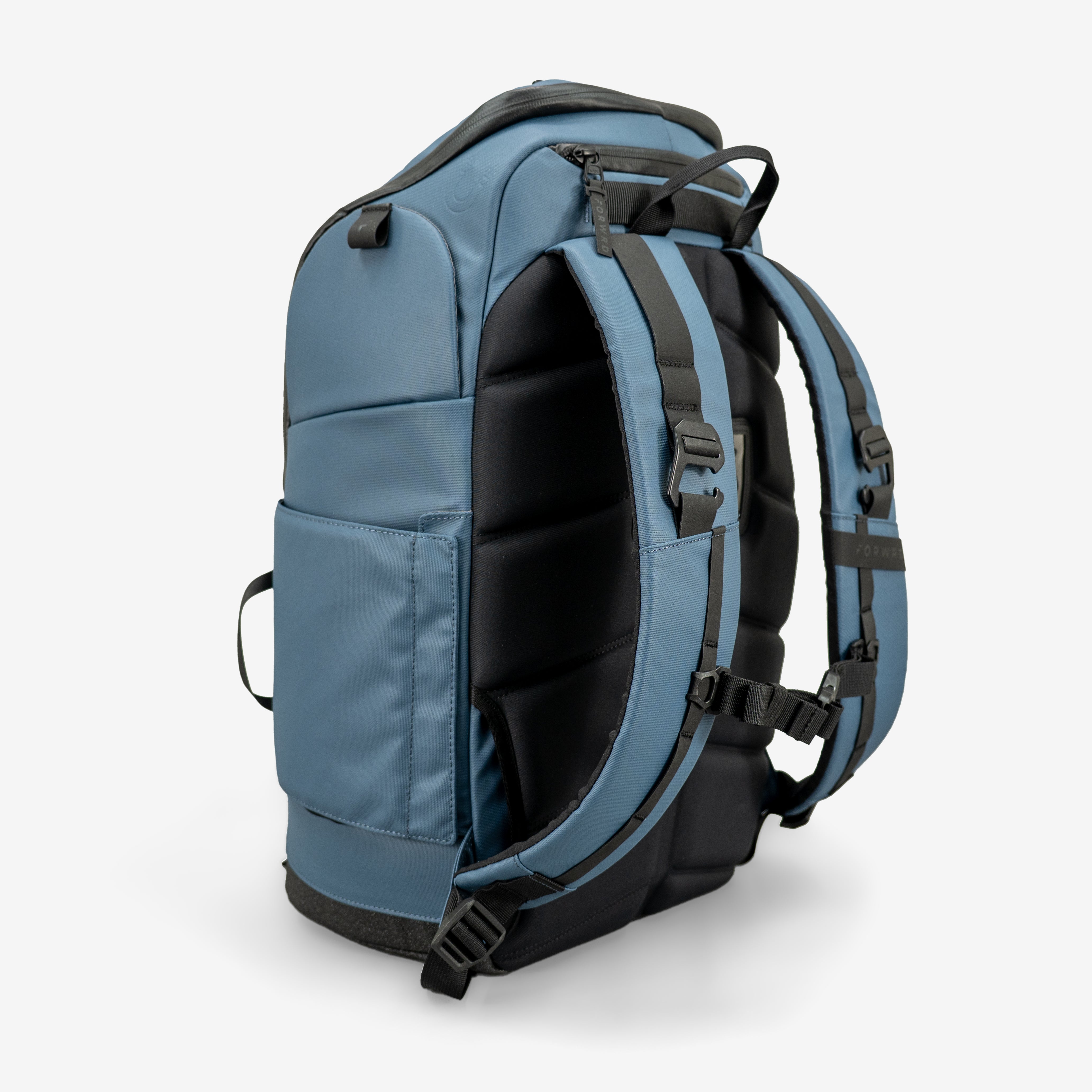 Blue pickleball backpack by FORWRD with padded back, shoulder straps, top zipper, and side pocket.