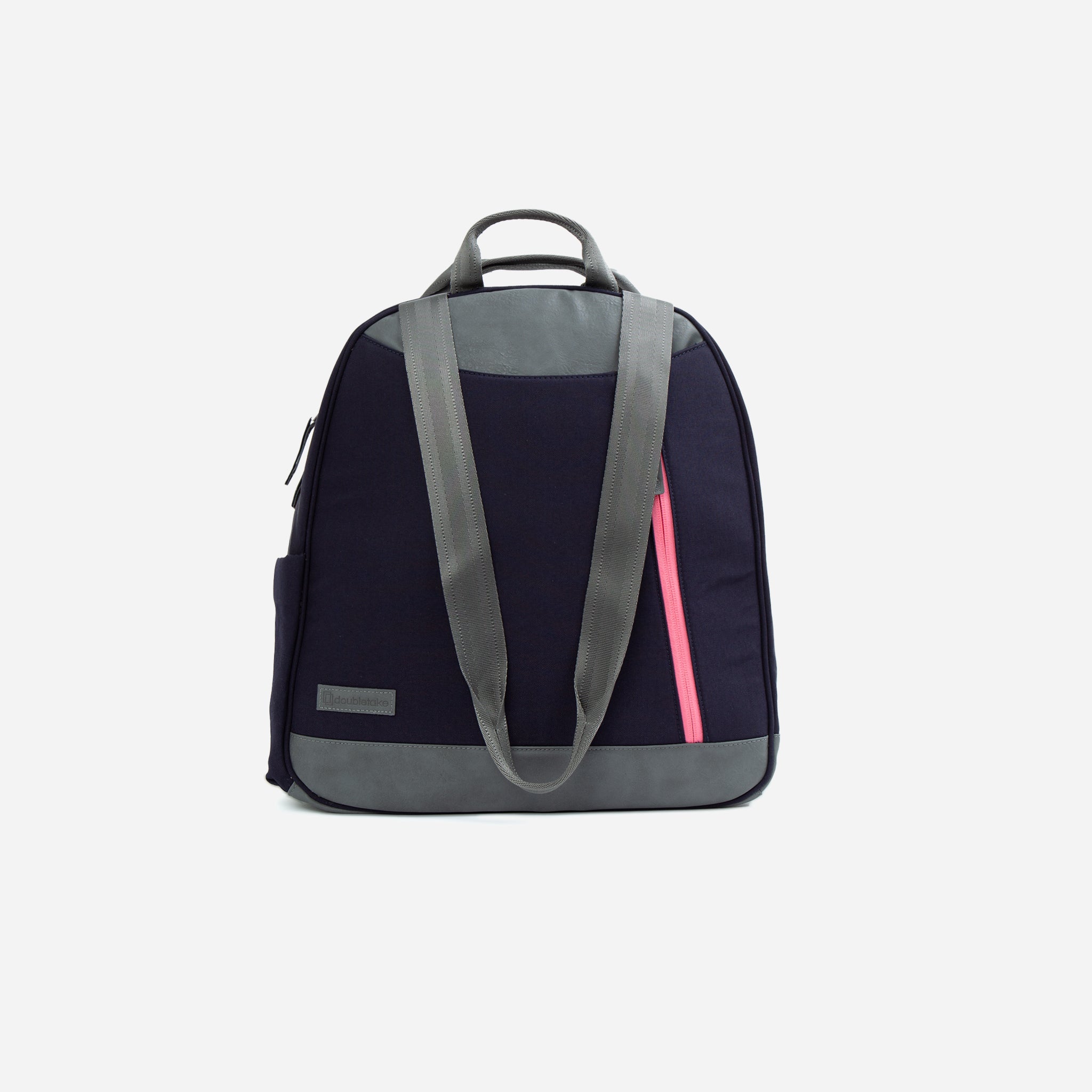Navy and grey tennis backpack by Doubletake, featuring a bright pink zipper and a brand patch.