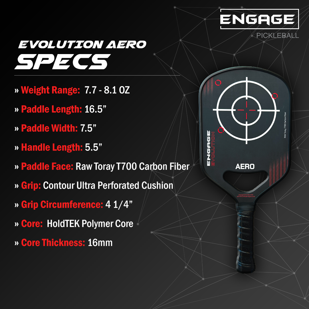 Black Aero pickleball paddle by EngagePickleball, angled view showing white target graphic, red accents, and textured grip.