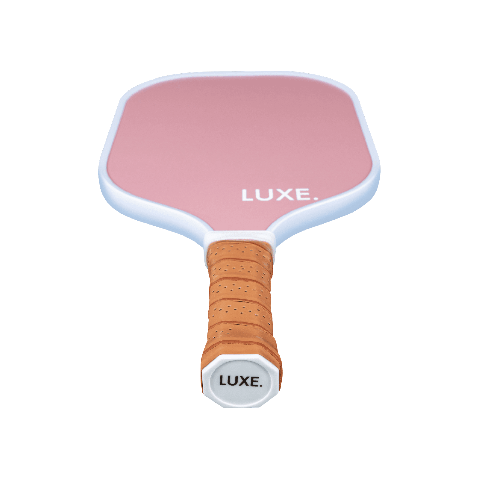 Pink and white pickleball paddle with brown grip.