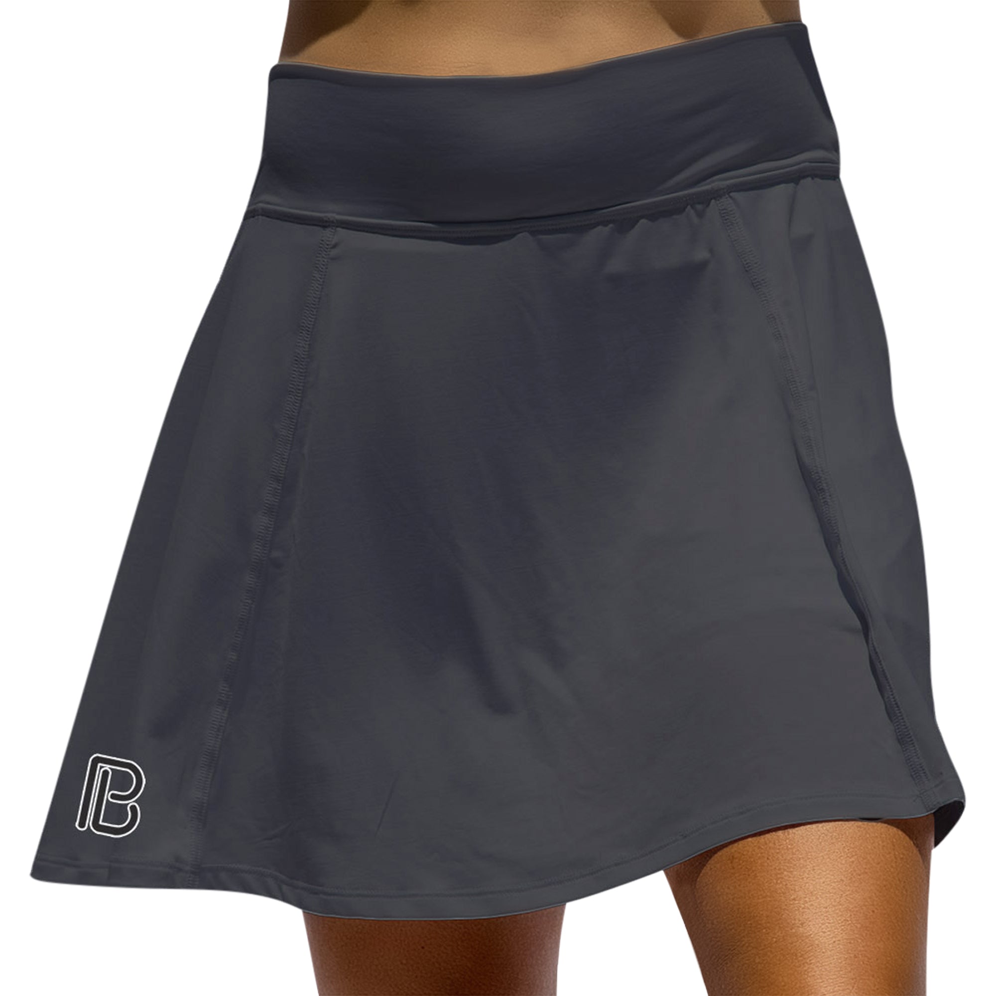Black A-line skort by Pickleball Bella with a wide waistband, a smooth flared skirt, and white PB logo.