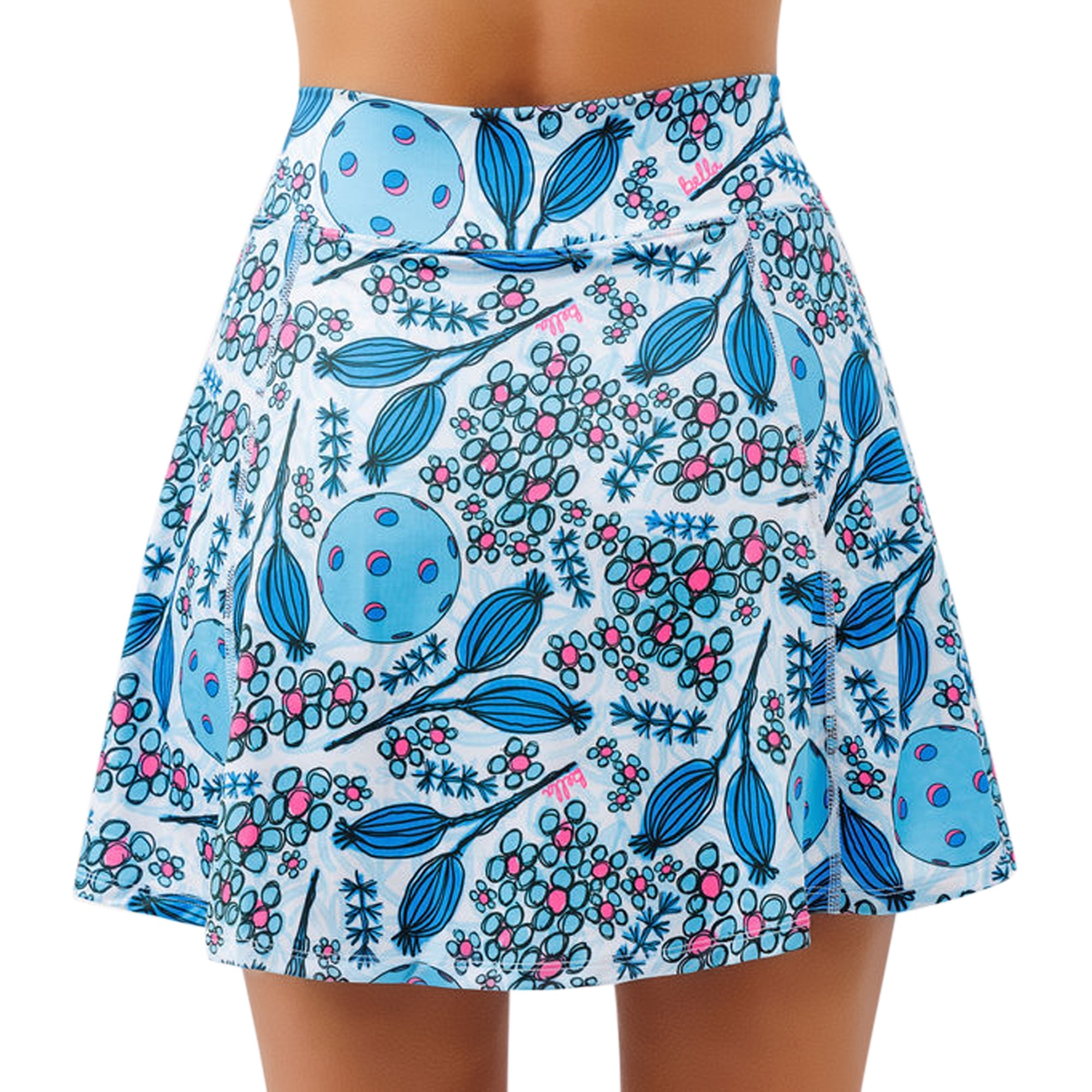 White A-Line Skort by Pickleball Bella with blue and pink pickleball, floral, and leaf pattern.