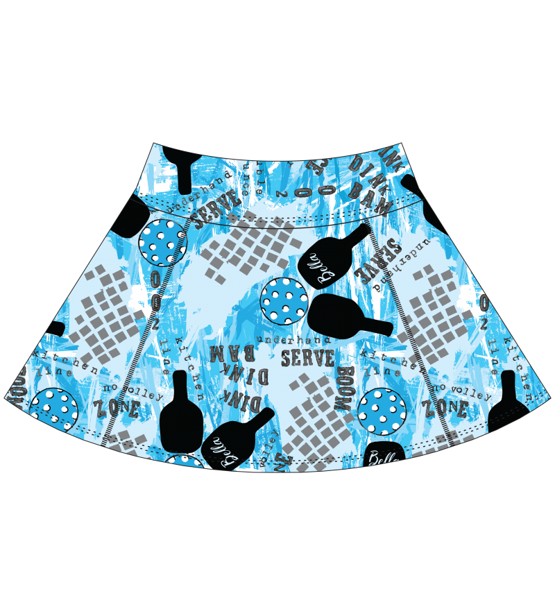 Blue graffiti print A-line skort by Pickleball Bella, featuring black paddles, balls, court lines, and game-related text.