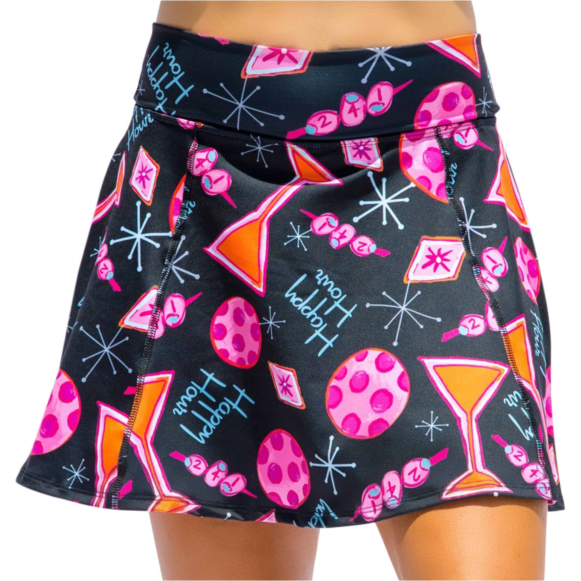 Black A-line skort by Pickleball Bella with a vibrant 'Happy Hour' print featuring martini glasses, skewers, and polka-dotted shapes.
