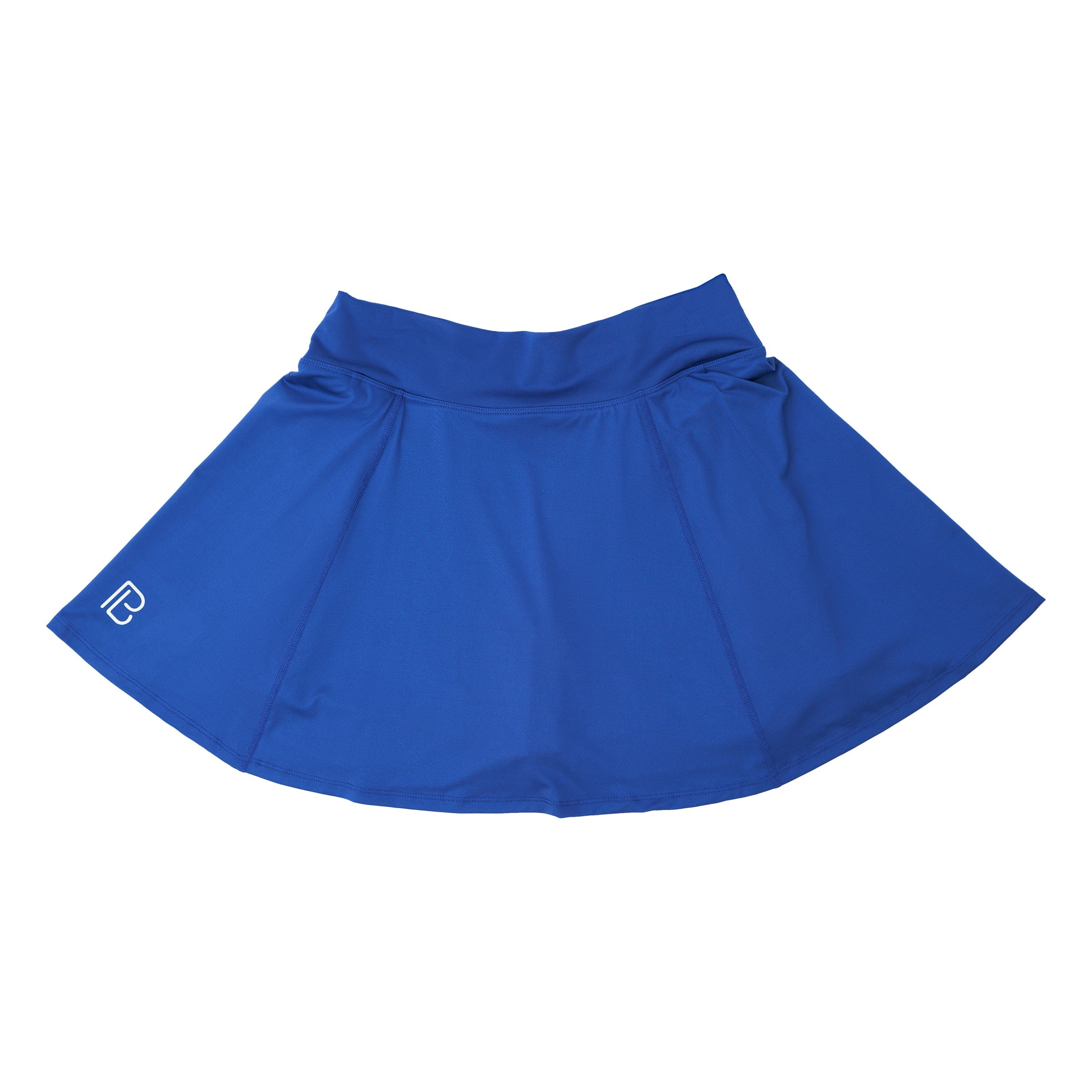 A royal blue A-line skort by Pickleball Bella with a small white 'PB' logo on the left hem, laid flat.