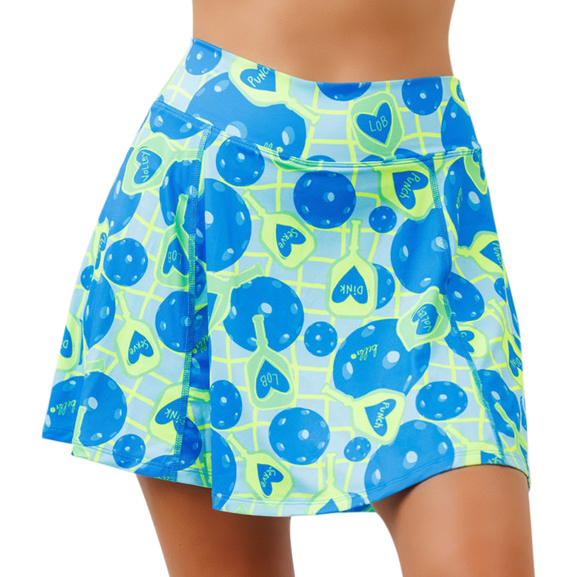 Blue and lime green A-line skort by Pickleball Bella featuring pickleball balls and paddles with game terms on a grid.