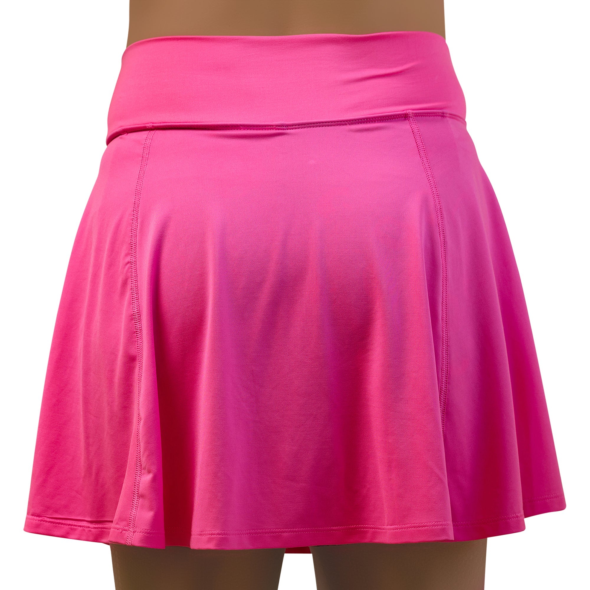 Neon Pink A-Line Skort by Pickleball Bella, back view with wide waistband and flared hem.