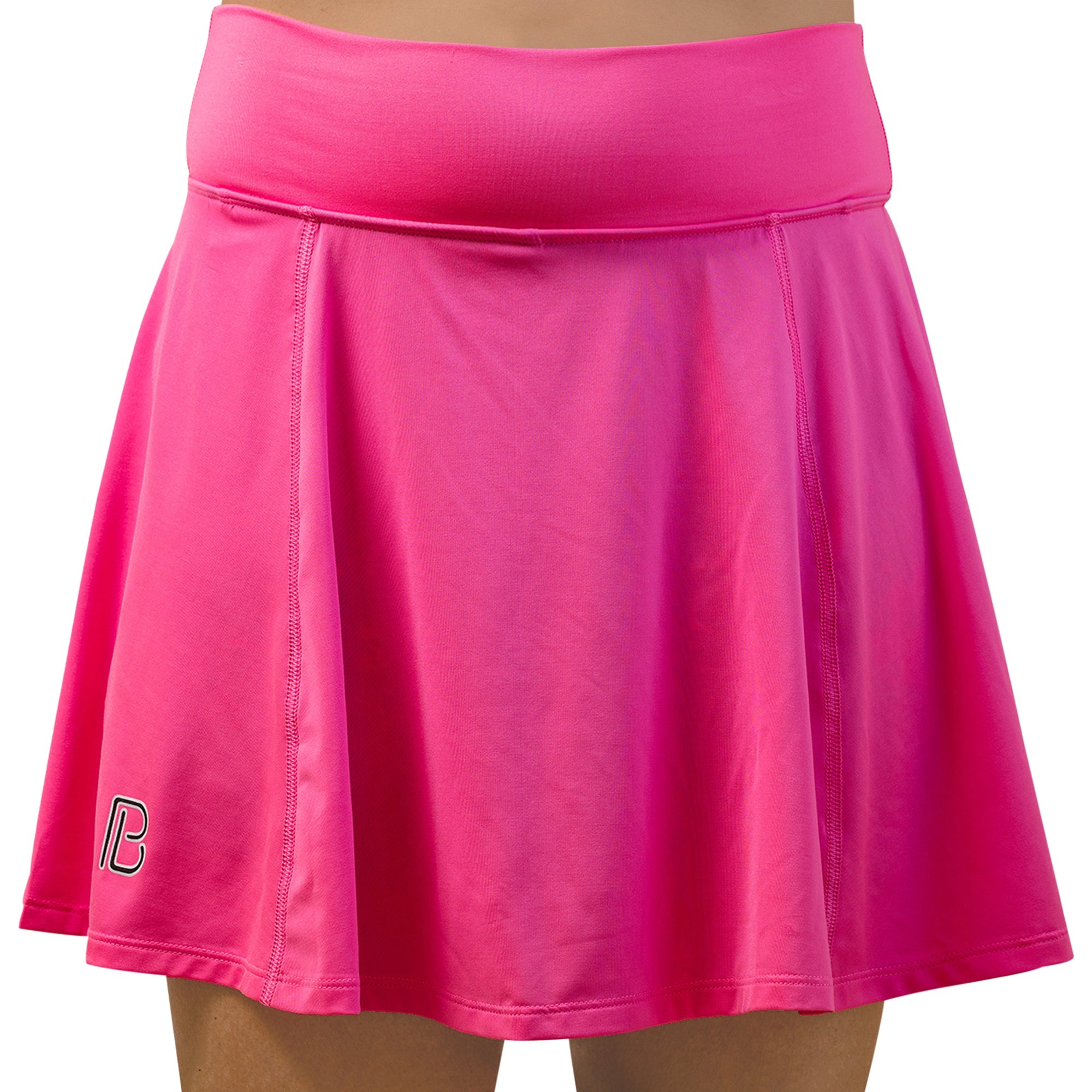 Neon Pink A-line Skort by Pickleball Bella, featuring a black and white 'PB' logo on the left hem.