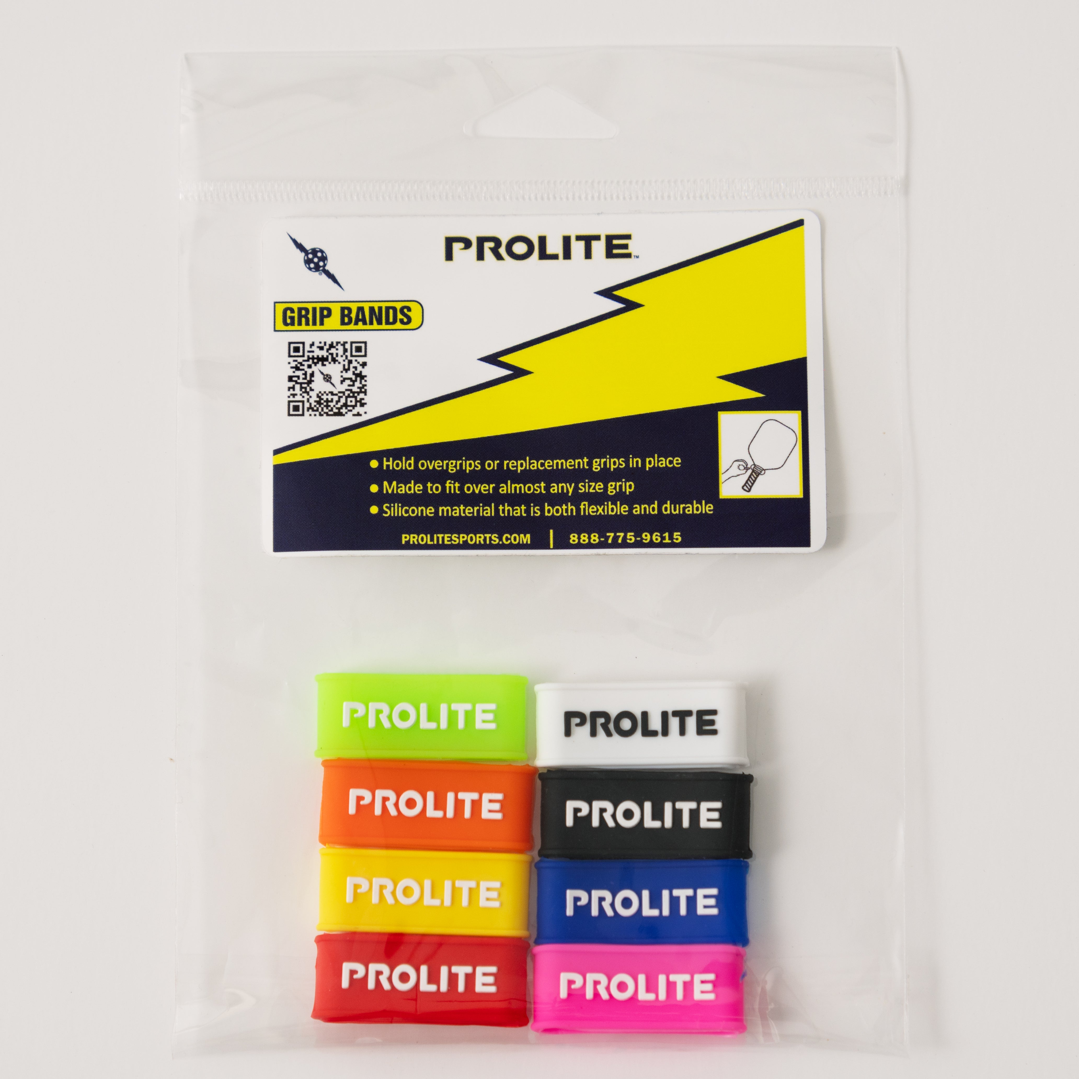Pack of colorful Prolite grip bands in clear packaging.