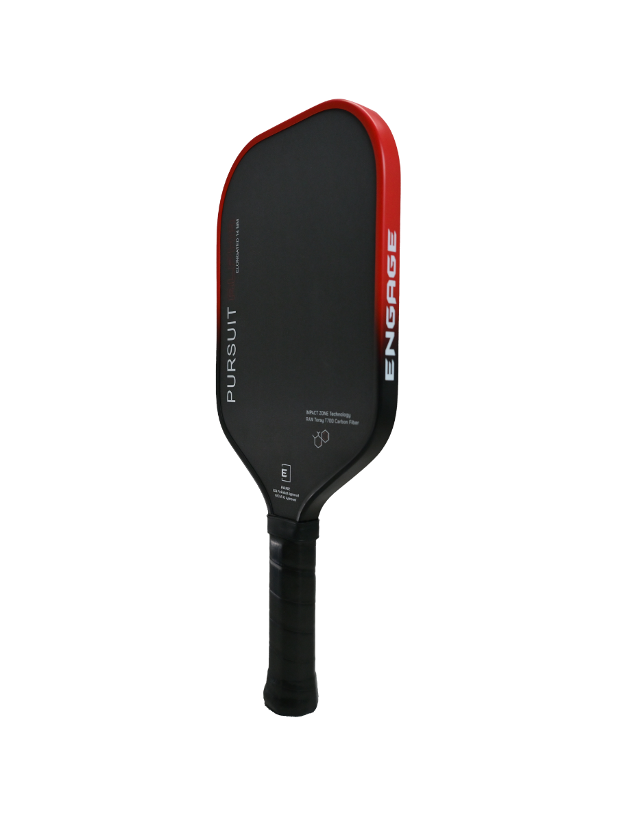 Black and red paddle by EngagePickleball, featuring 'PURSUIT' and 'ENGAGE' branding, a black grip, and visible product specifications.