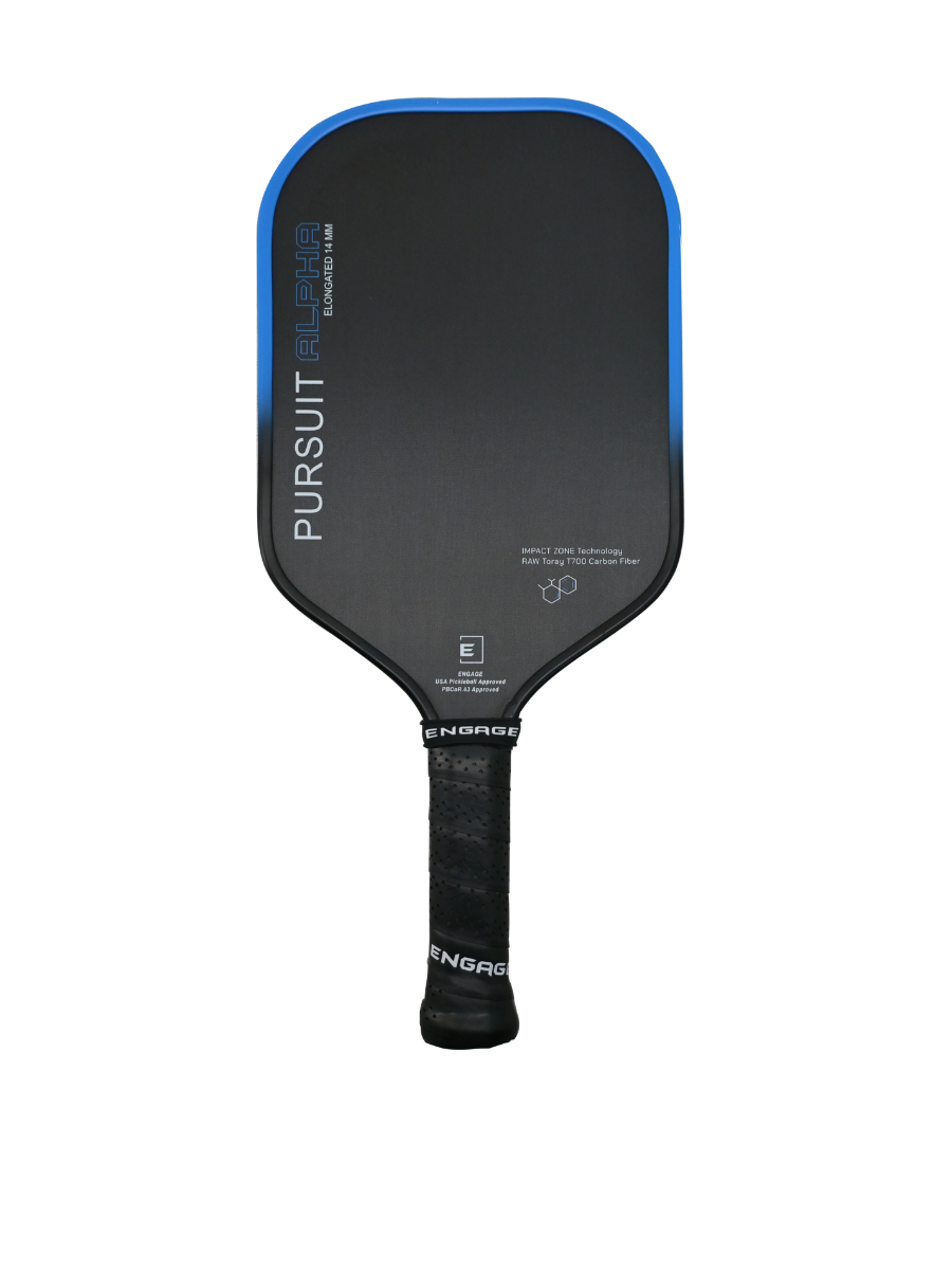 Black and blue elongated pickleball paddle by EngagePickleball with a textured surface and black grip.