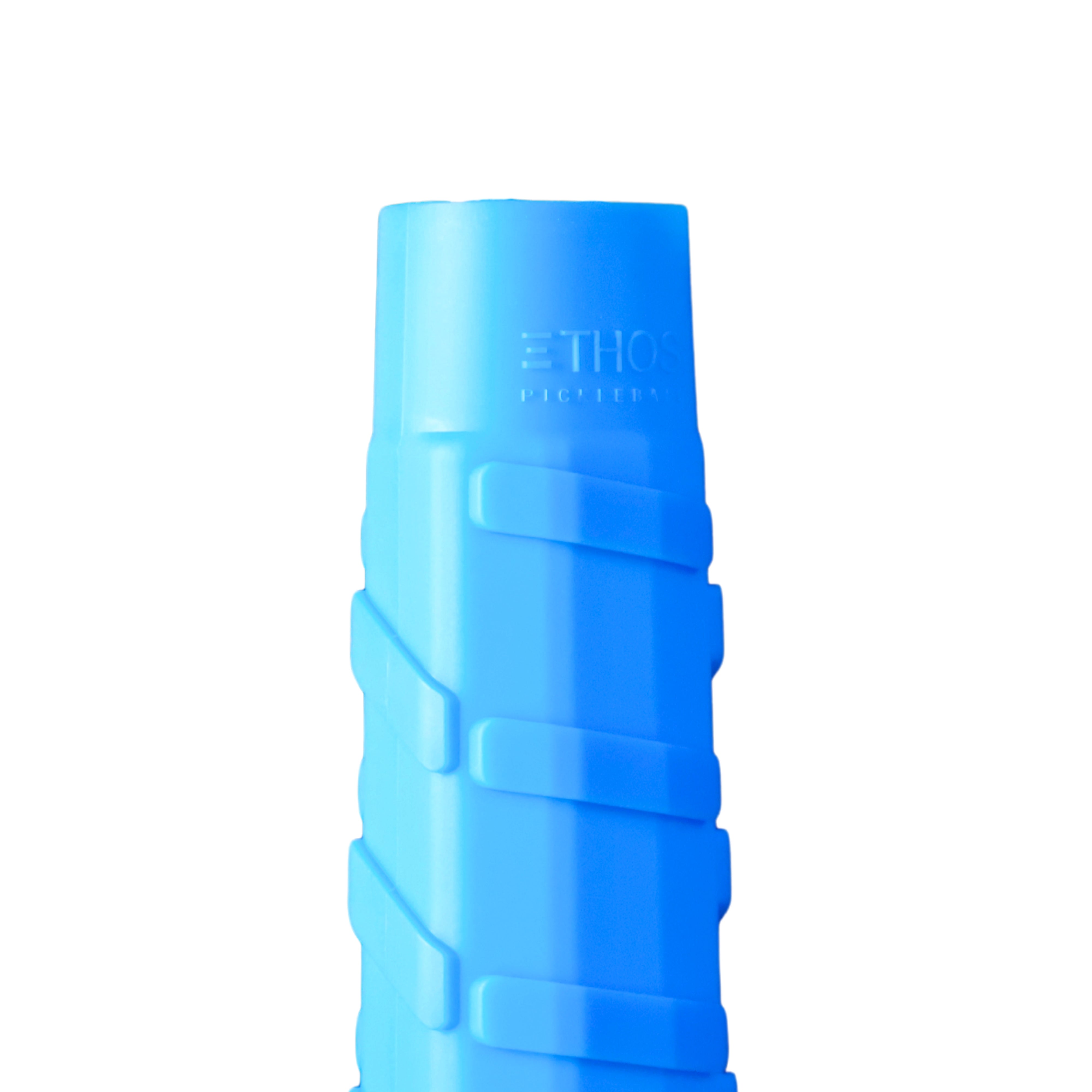 Cropped blue lightweight undergrip by Ethos Pickleball, showing embossed logo, horizontal ridges, and color gradient.