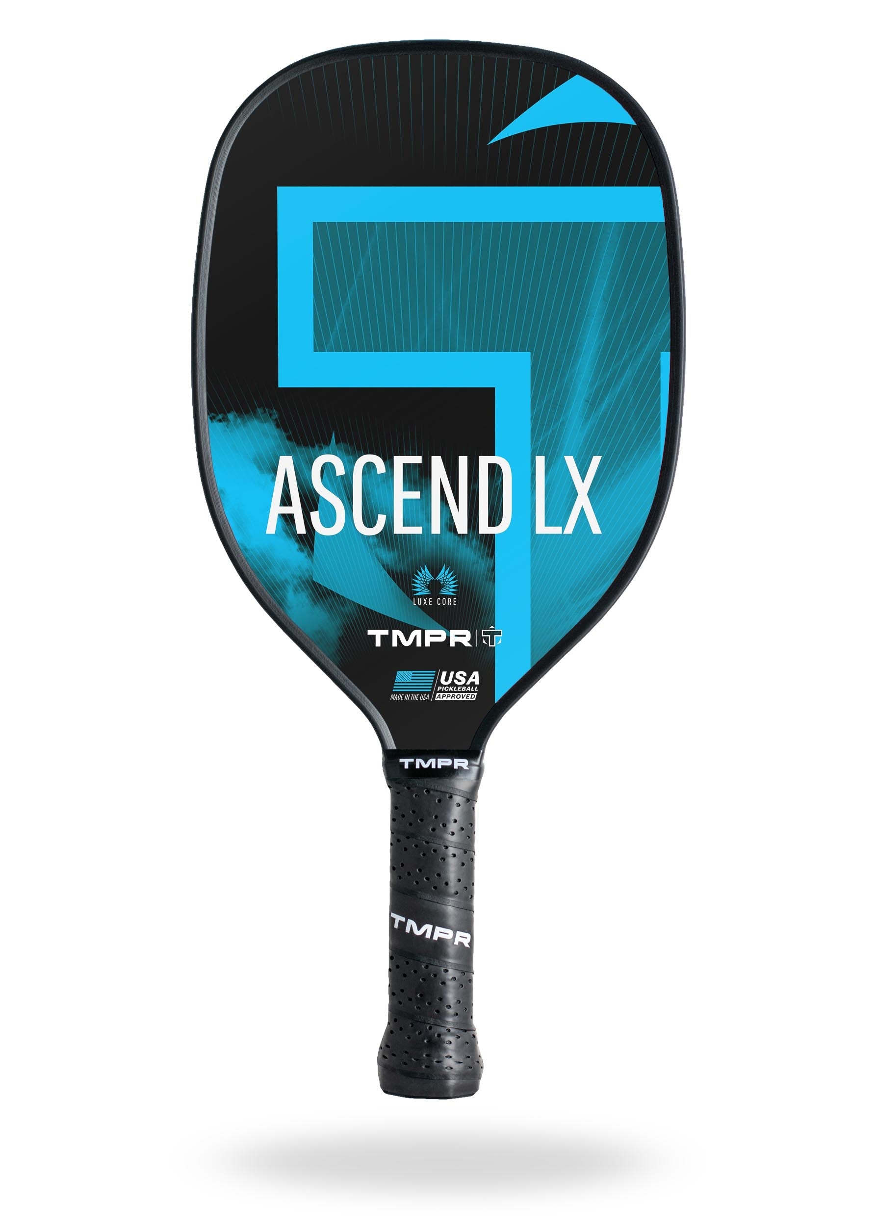 Black and blue pickleball paddle by TMPR Sports featuring geometric patterns, 'ASCEND LX' text, and a textured black grip.