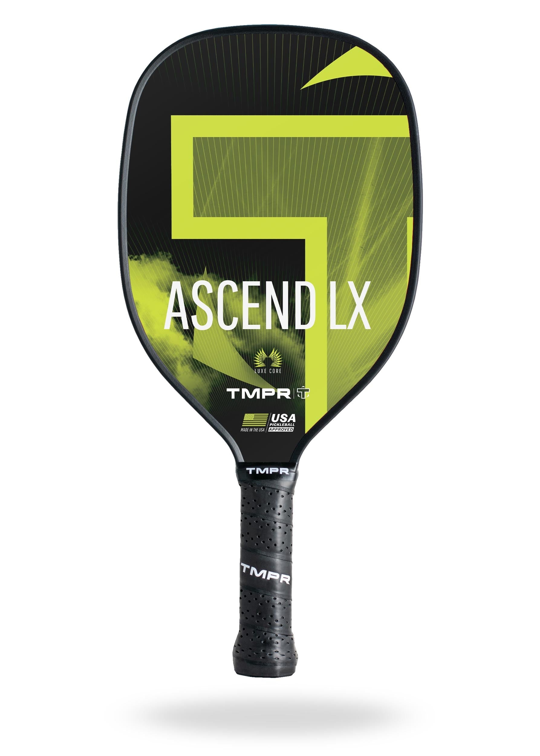 Black and neon green pickleball paddle by TMPR Sports, featuring a bright abstract graphic, 'ASCEND LX' text, and a black perforated grip.