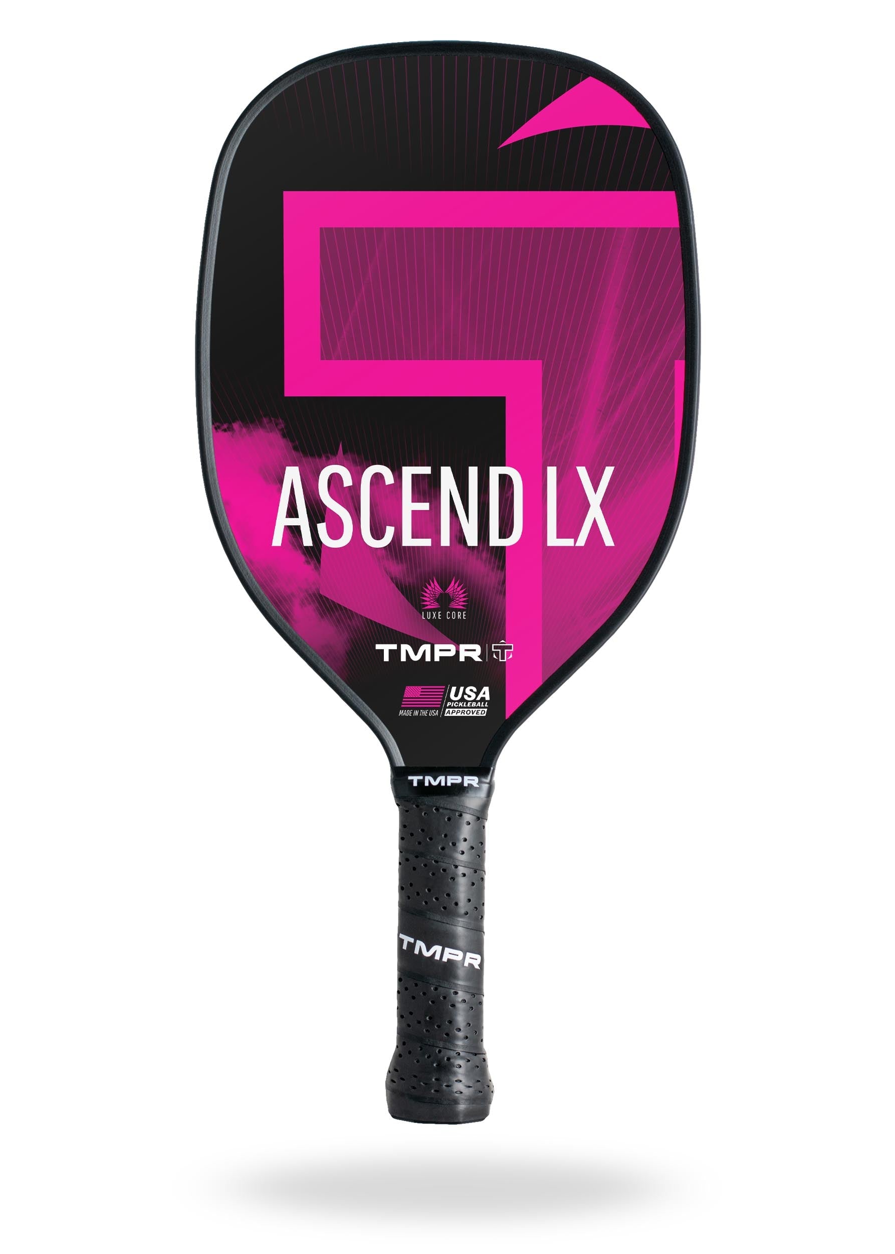 Black and hot pink pickleball paddle by TMPR Sports, featuring a hot pink geometric design with 'ASCEND LX' text and a perforated black grip.