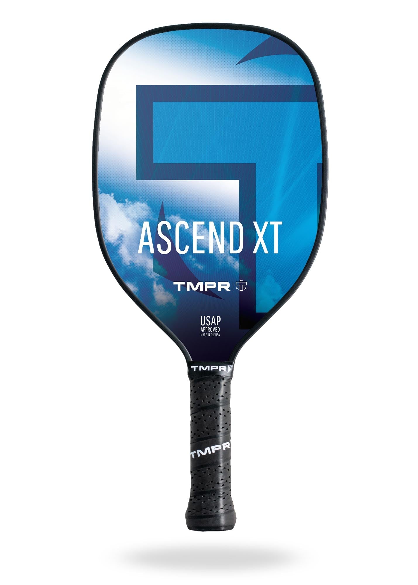Black pickleball paddle with a blue and white graphic face by TMPR Sports, featuring 'Ascend XT' text, a pixelated sky and abstract blue design, and a black textured grip.