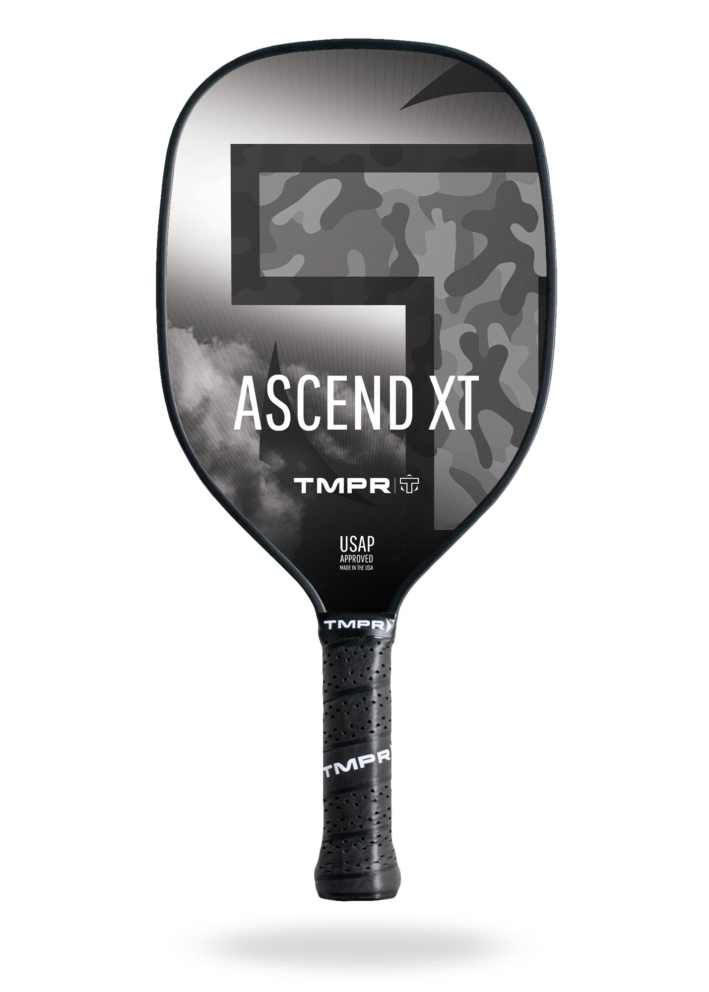 Black and grey pickleball paddle by TMPR Sports, featuring a gradient design with clouds and camouflage, and a black textured grip.