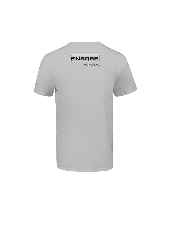 Grey men's short-sleeve t-shirt by EngagePickleball, featuring the 'ENGAGE PICKLEBALL' logo on the back.