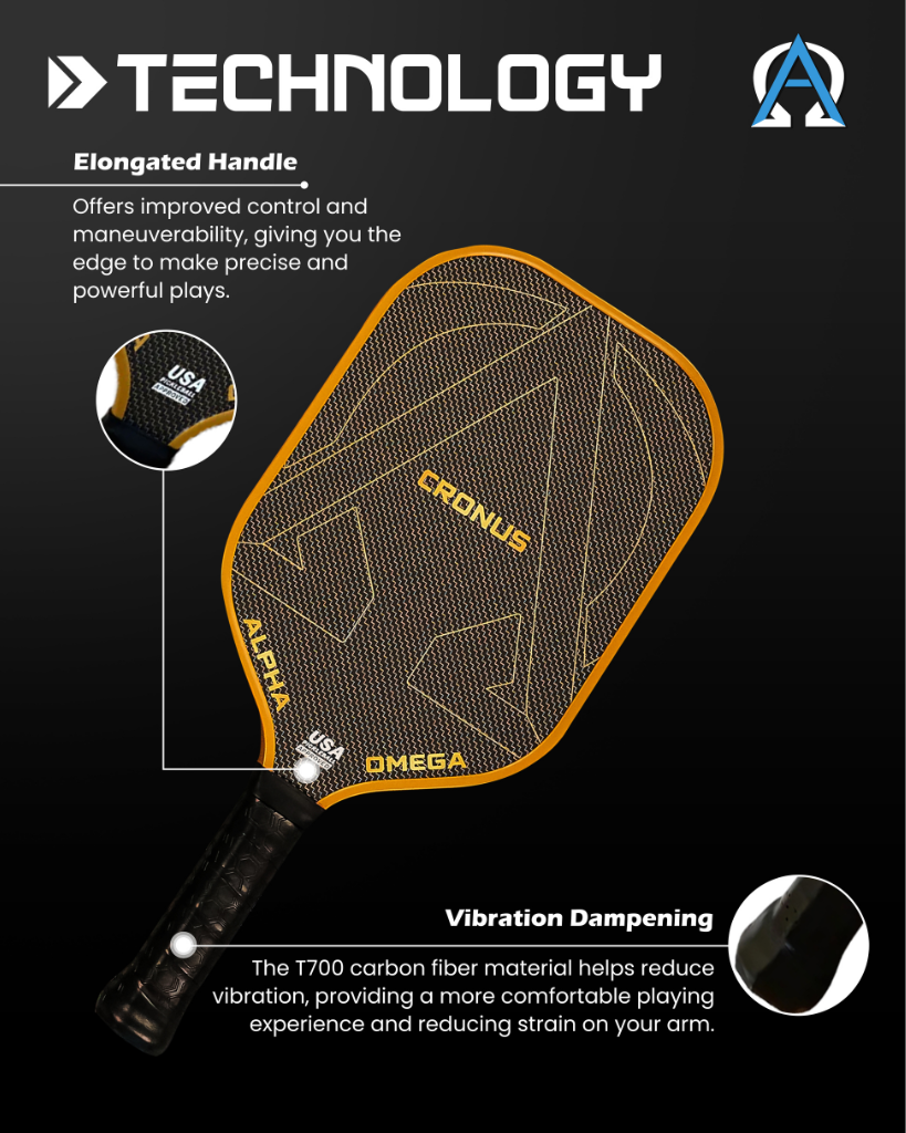 A black and gold pickleball paddle with highlighted features and technology.