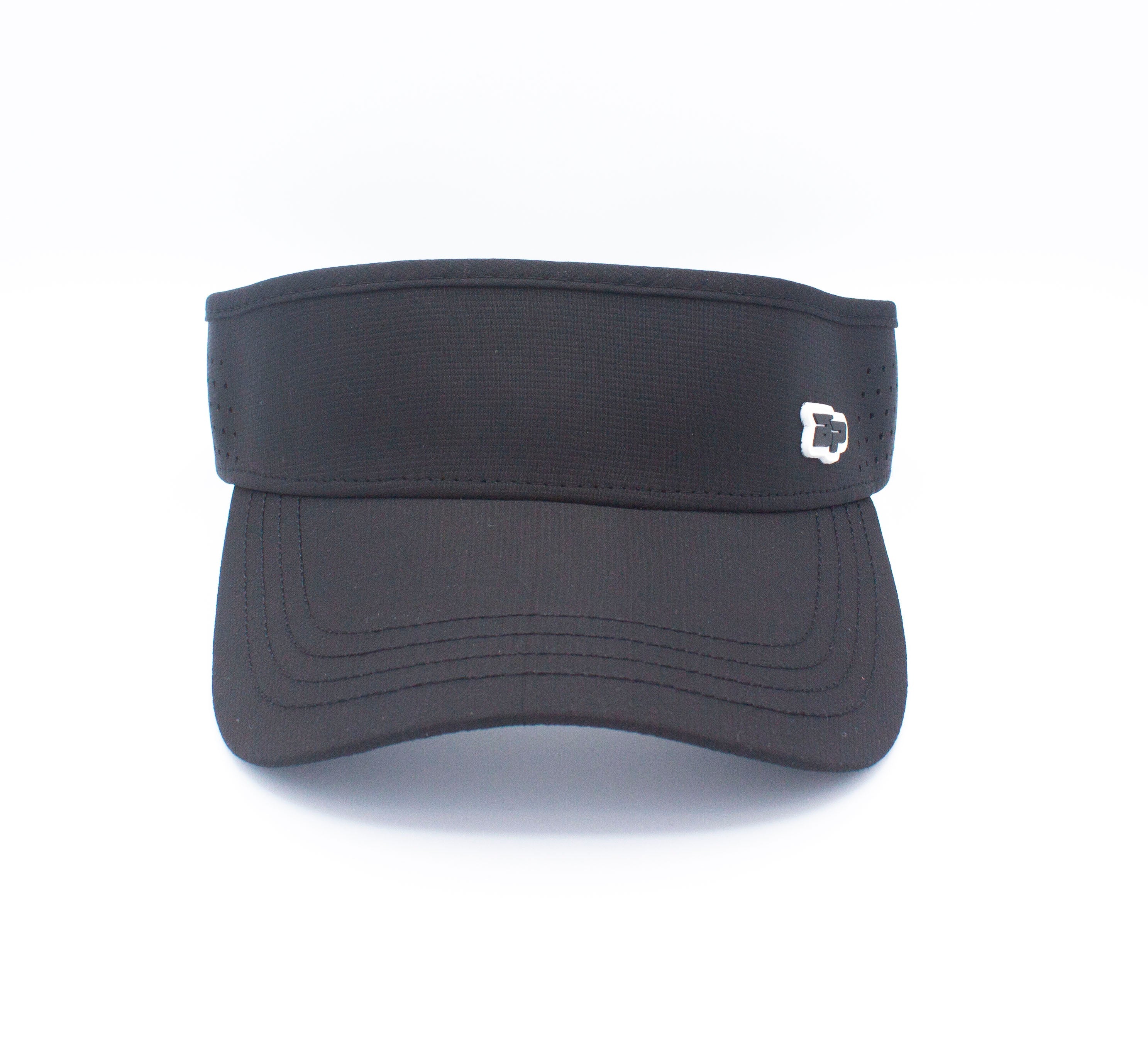 Black sports visor with logo on white background.