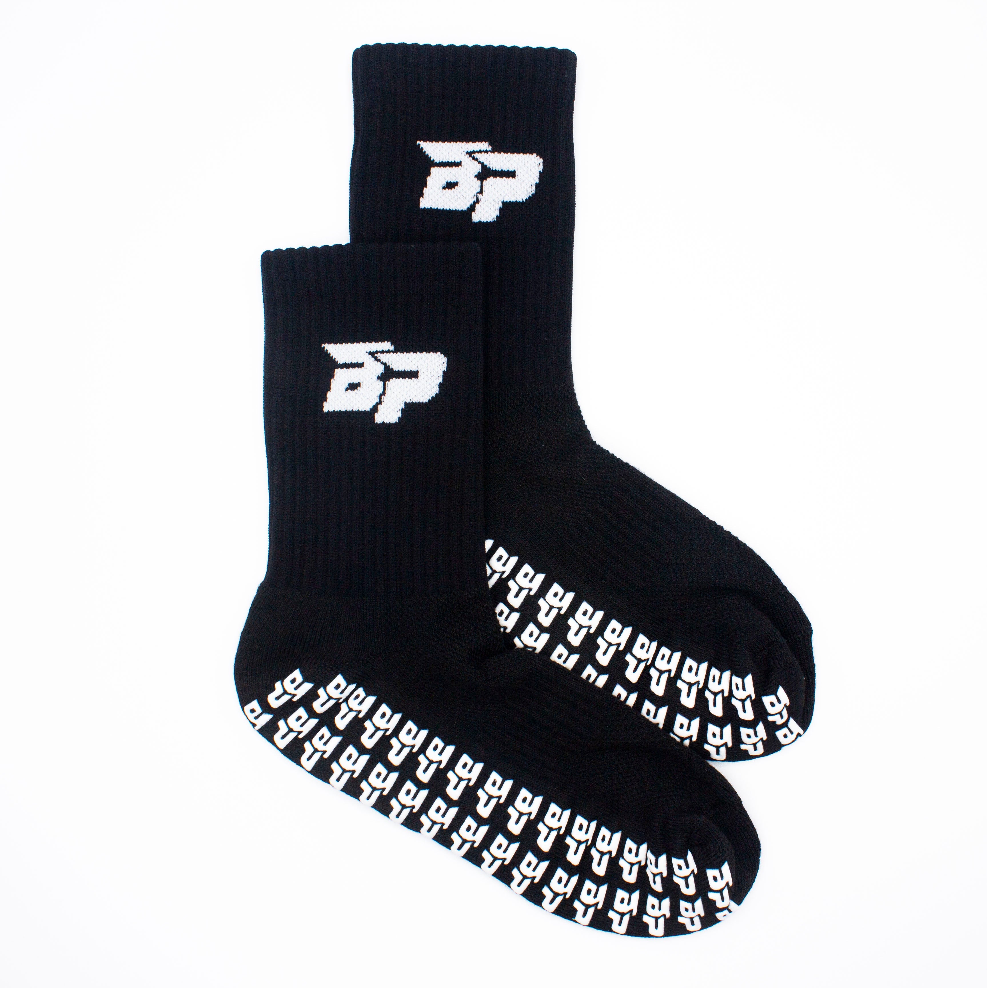 Black performance crew socks by Bodhi Performance with white BP logo and GRIPtech non-slip soles.