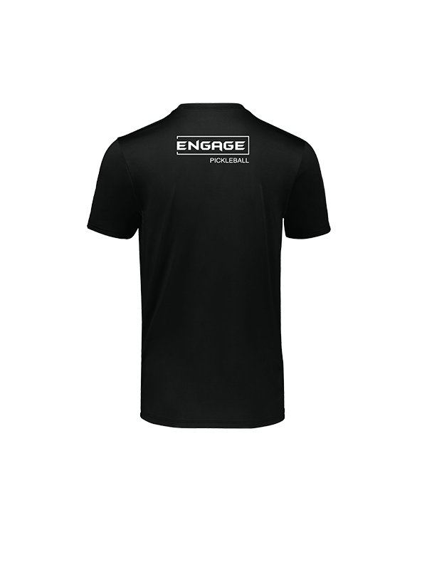 Black men's short-sleeve t-shirt by EngagePickleball, featuring a white "ENGAGE" box logo above "PICKLEBALL" on the upper back.