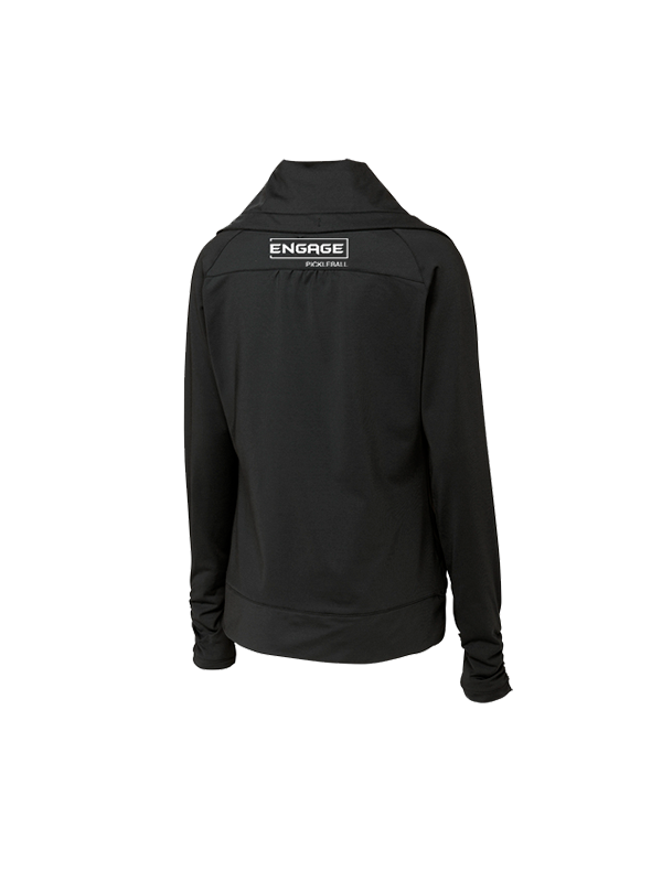 Black women's full-zip jacket by EngagePickleball, shown from the back, featuring a high collar and "ENGAGE PICKLEBALL" logo.