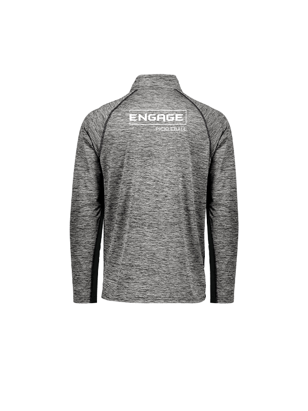 Men's grey heathered 1/2 zip pullover by EngagePickleball, with a white 'ENGAGE PICKLEBALL' logo and black side panels on the back.