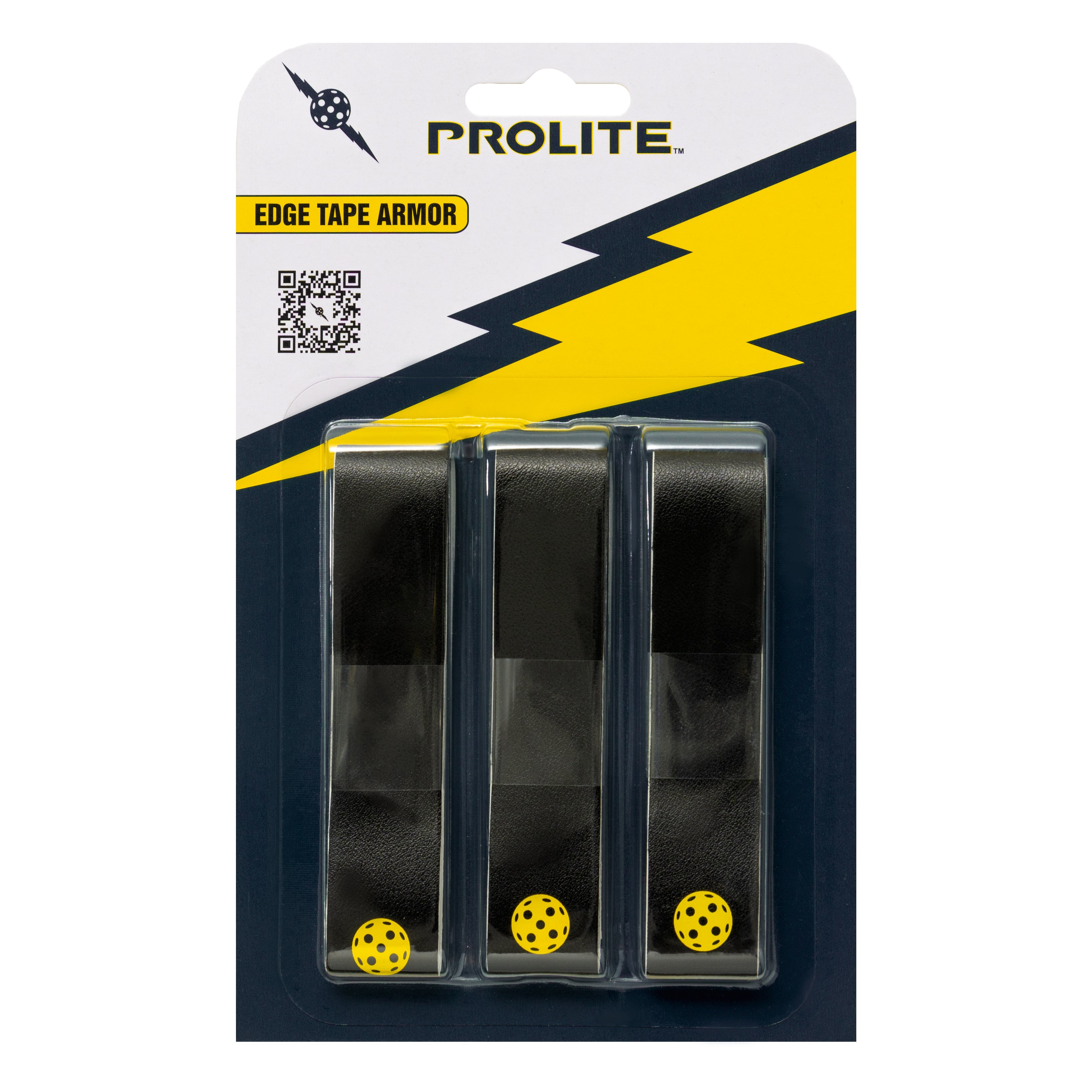 Pro-Lite edge tape armor packaging with three black tape strips and yellow pickleballs.