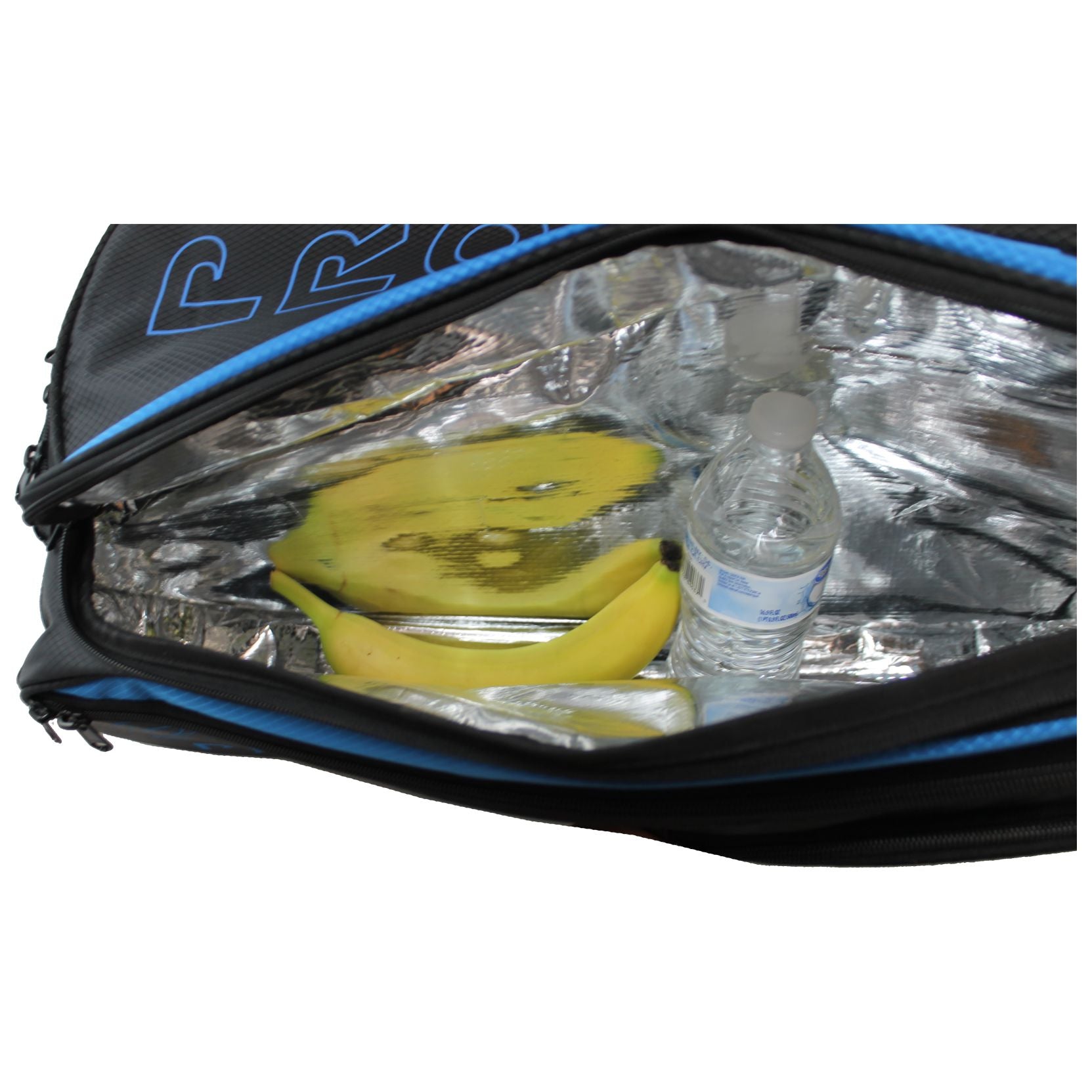 Open insulated lunch bag with water bottle and bananas.