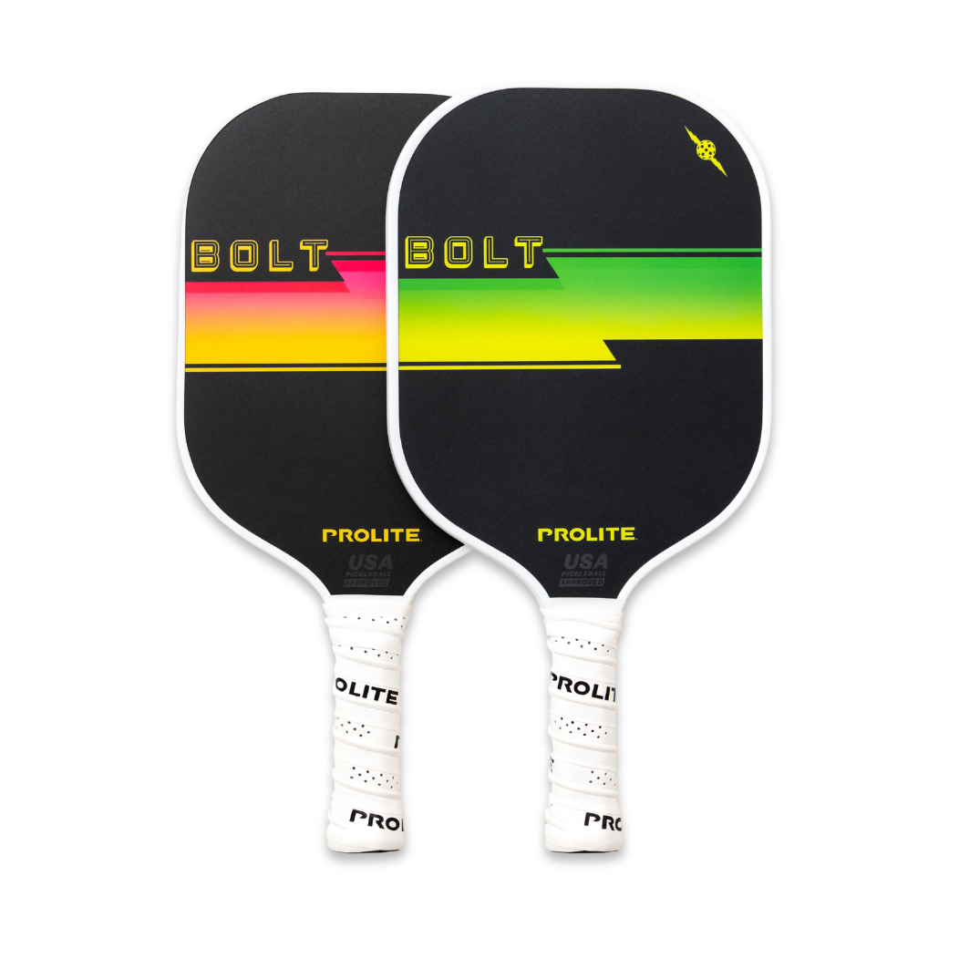 Two pickleball paddles with black faces, white grips, and colorful "BOLT" designs.