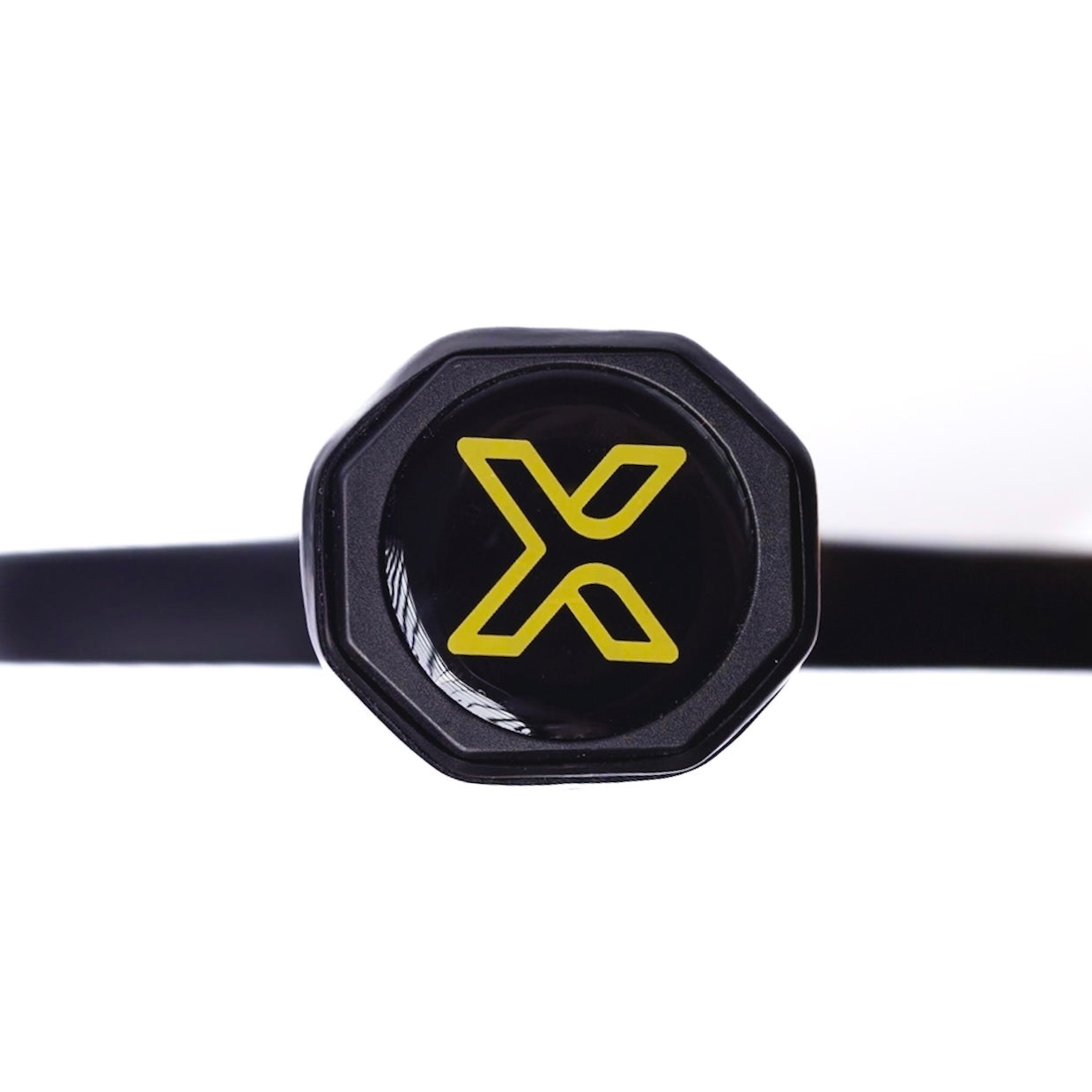 Close-up of a black and yellow tennis racket handle.