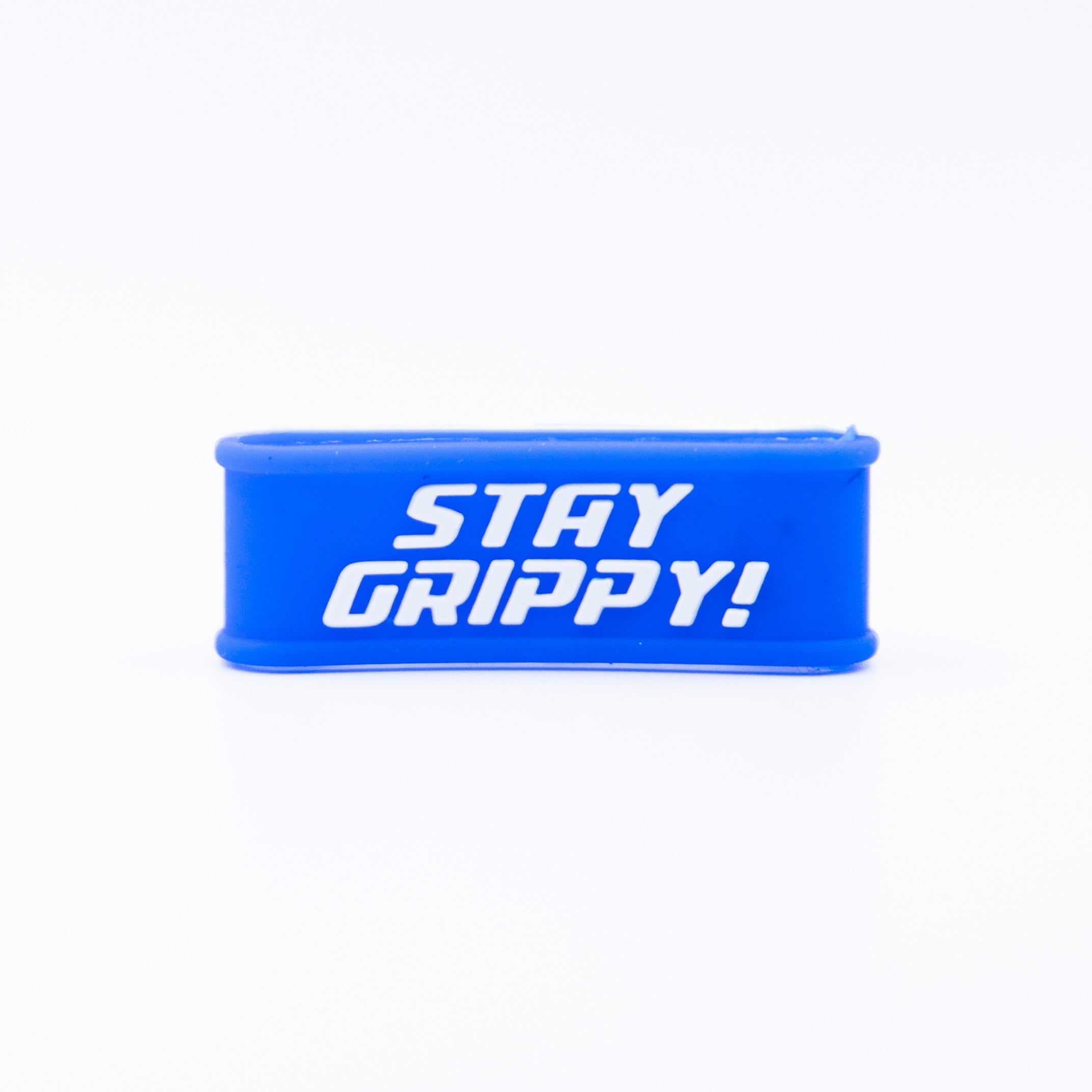 Blue silicone wristband with white text "STAY GRIPPY!".