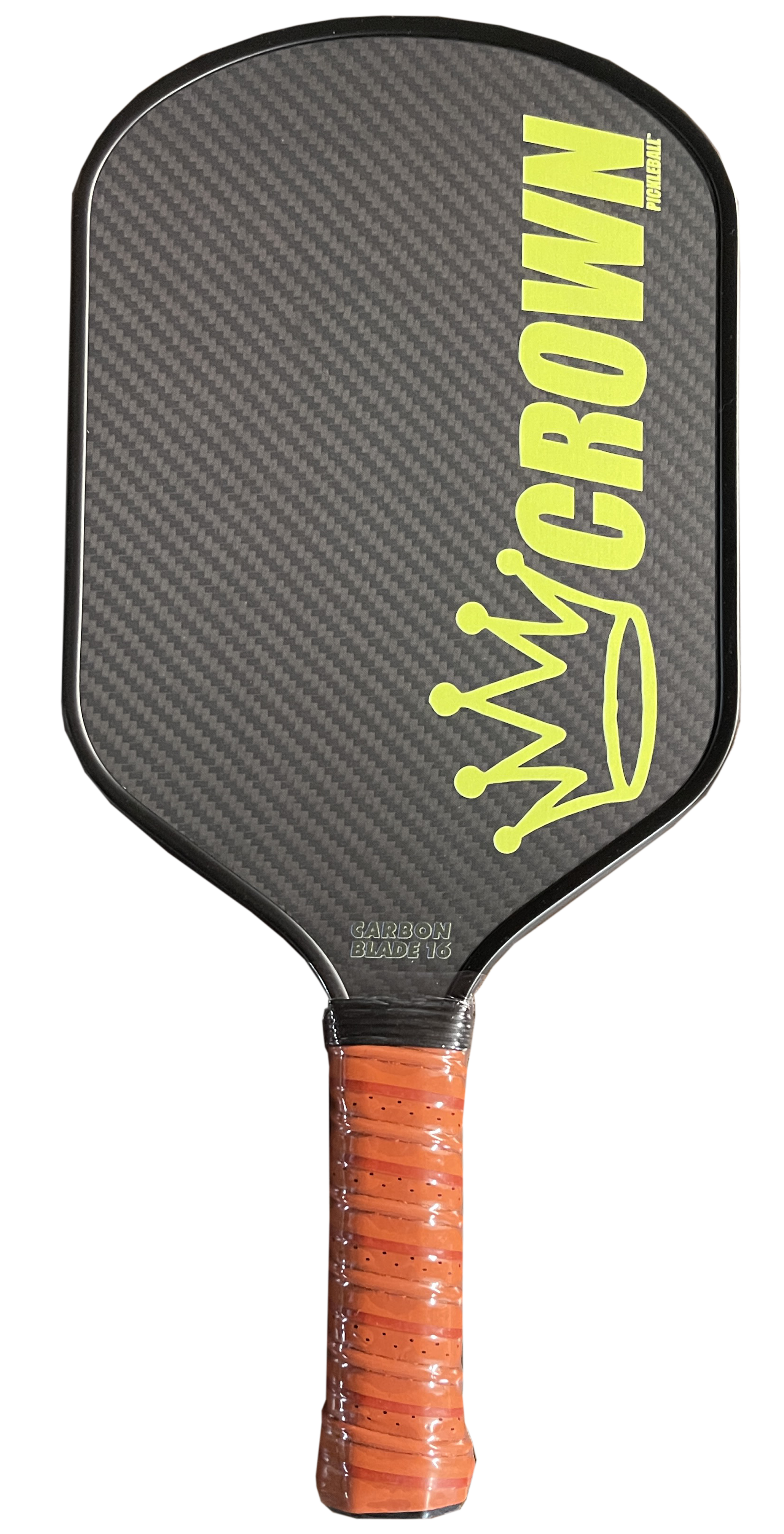 Pickleball paddle with orange grip.