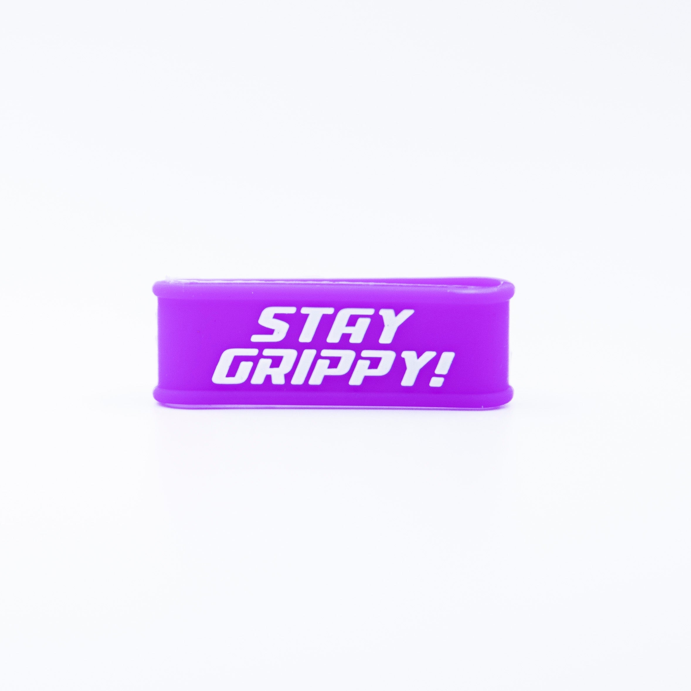 Purple rubber wristband with white text, "STAY GRIPPY!"