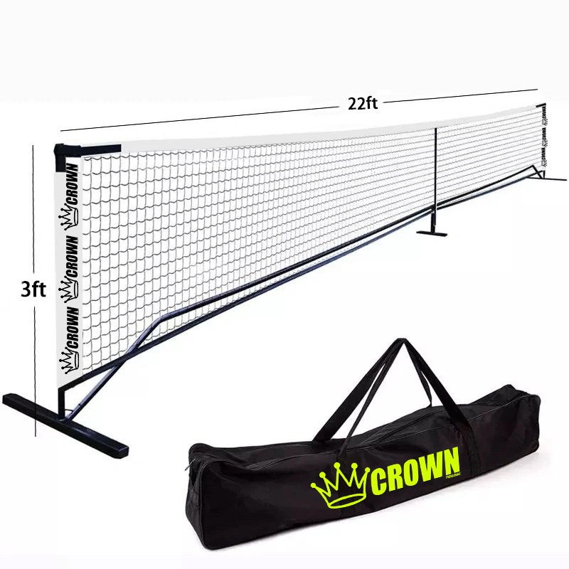 Black and white volleyball or badminton net, dimensions marked, with carrying case.