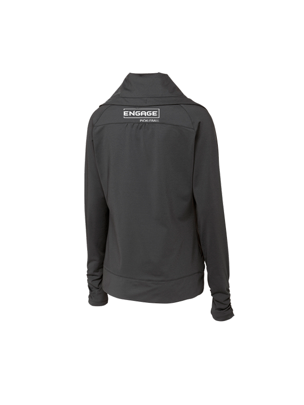 Dark gray women's Valor full-zip jacket by EngagePickleball, back view showing a white 'ENGAGE PICKLEBALL' logo.