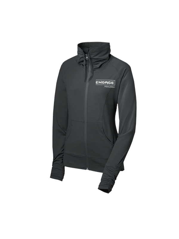 A dark gray women's full-zip jacket by EngagePickleball features a high collar, gathered cuffs, and a white logo on the left chest.