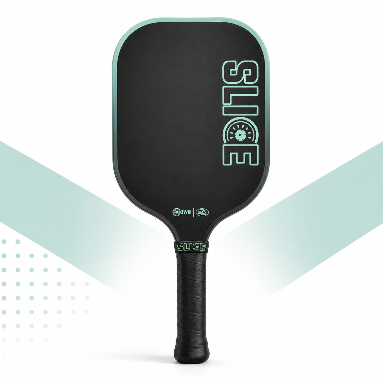 Black pickleball paddle by Kiwi Labs Pickleball with mint green 'SLICE' text and a kiwi icon, featuring a black textured grip.