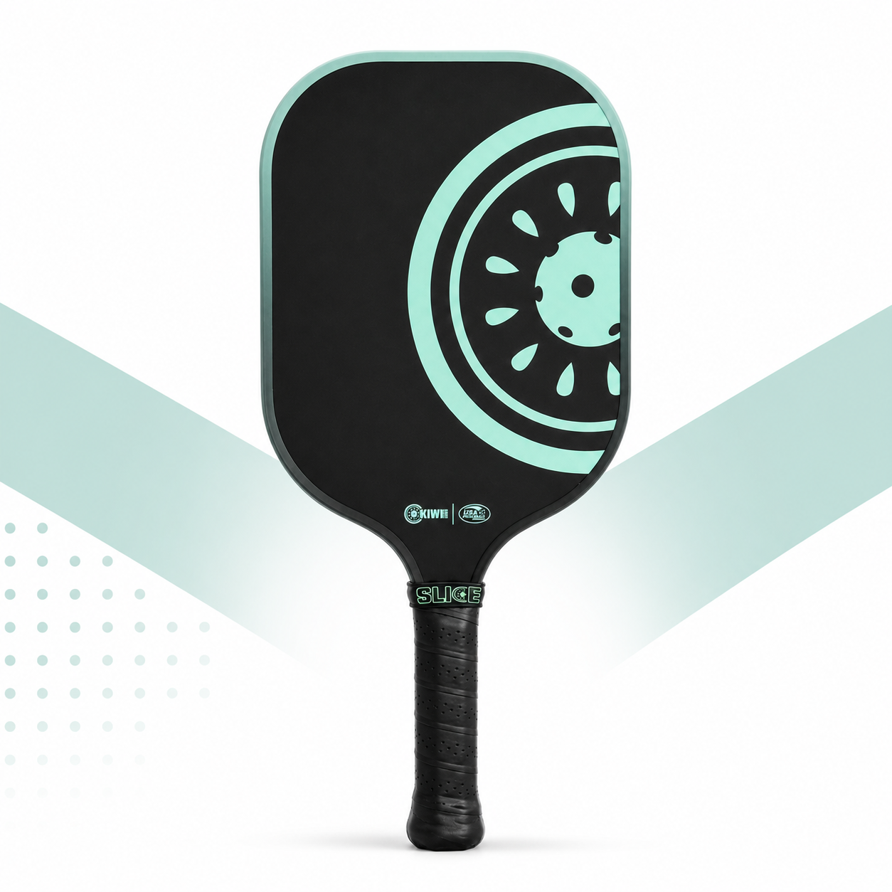 Black professional carbon fiber pickleball paddle by Kiwi Labs Pickleball with mint green kiwi slice graphic and "SLICE" on the handle.