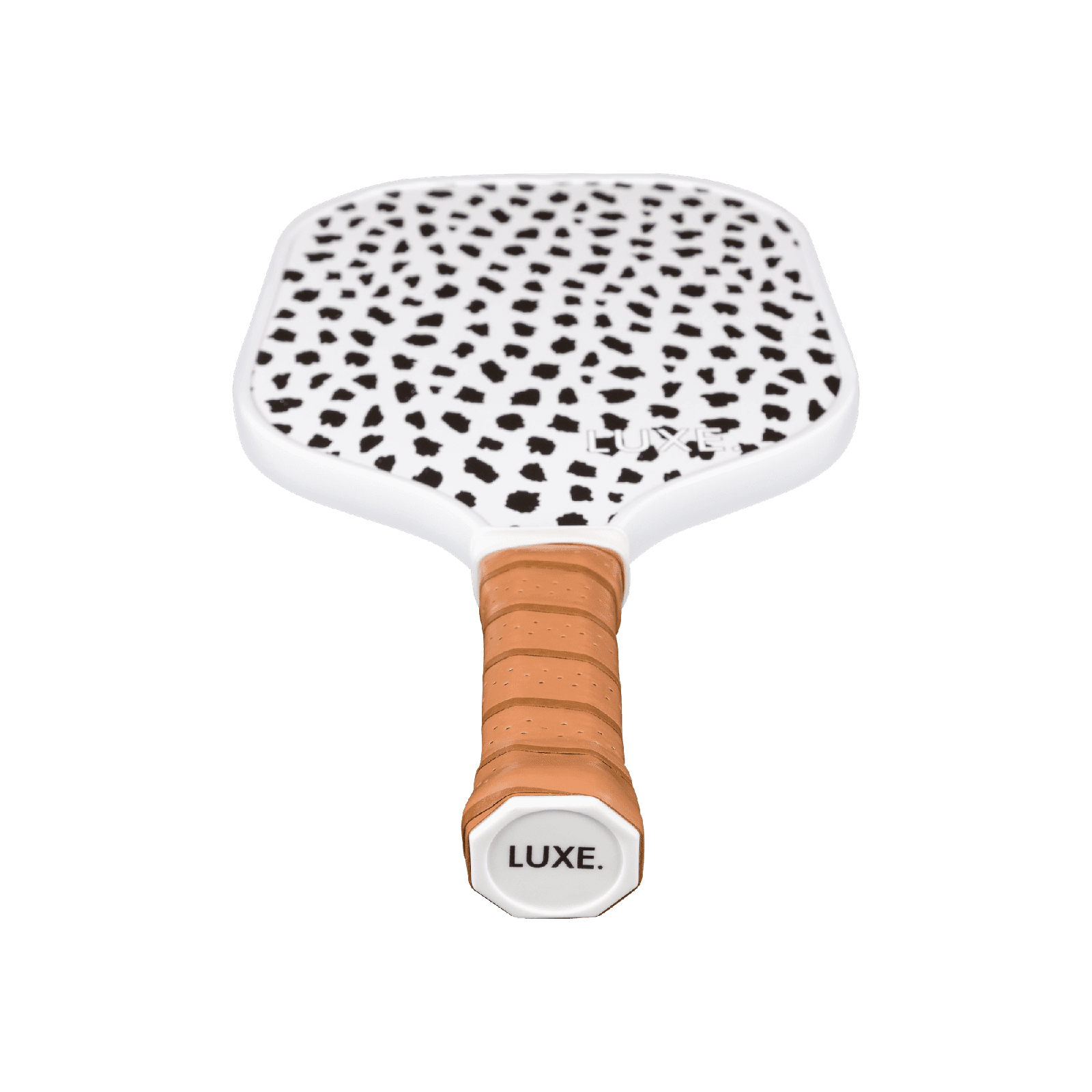 Pickleball paddle with Dalmatian print, brown grip, and white base.