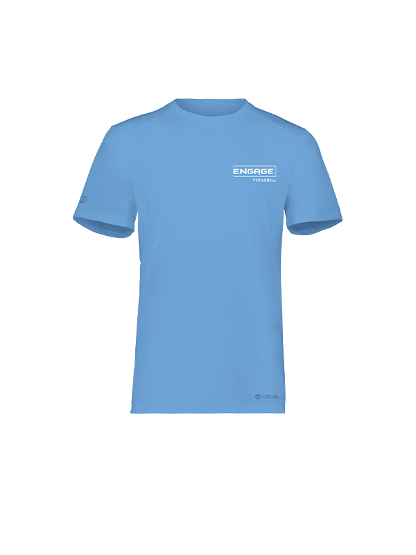 Light blue men's short-sleeve tee by EngagePickleball, featuring a white chest logo, a sleeve logo, and a small logo on the hem.