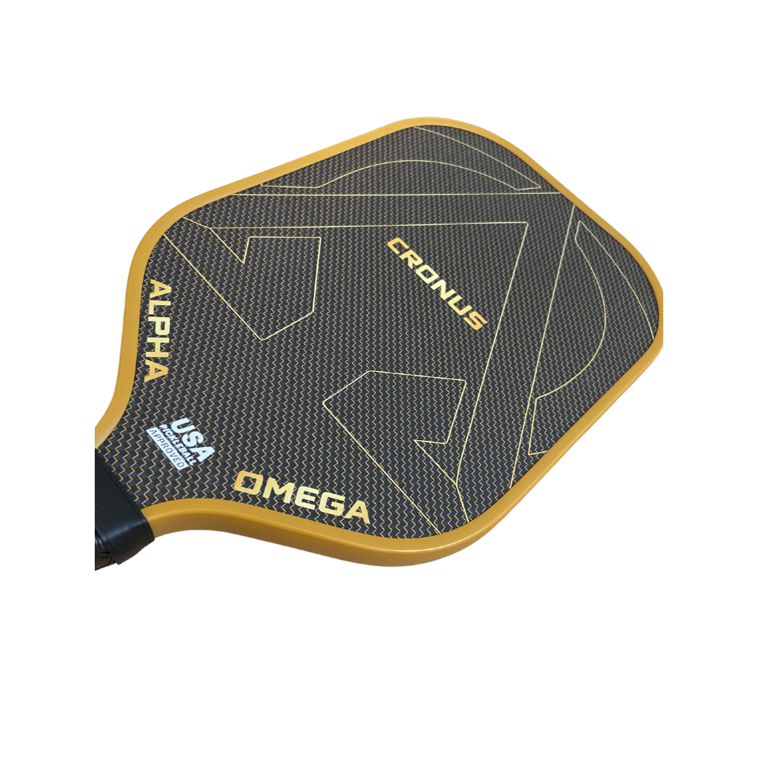 Black and gold Cronus pickleball paddle.