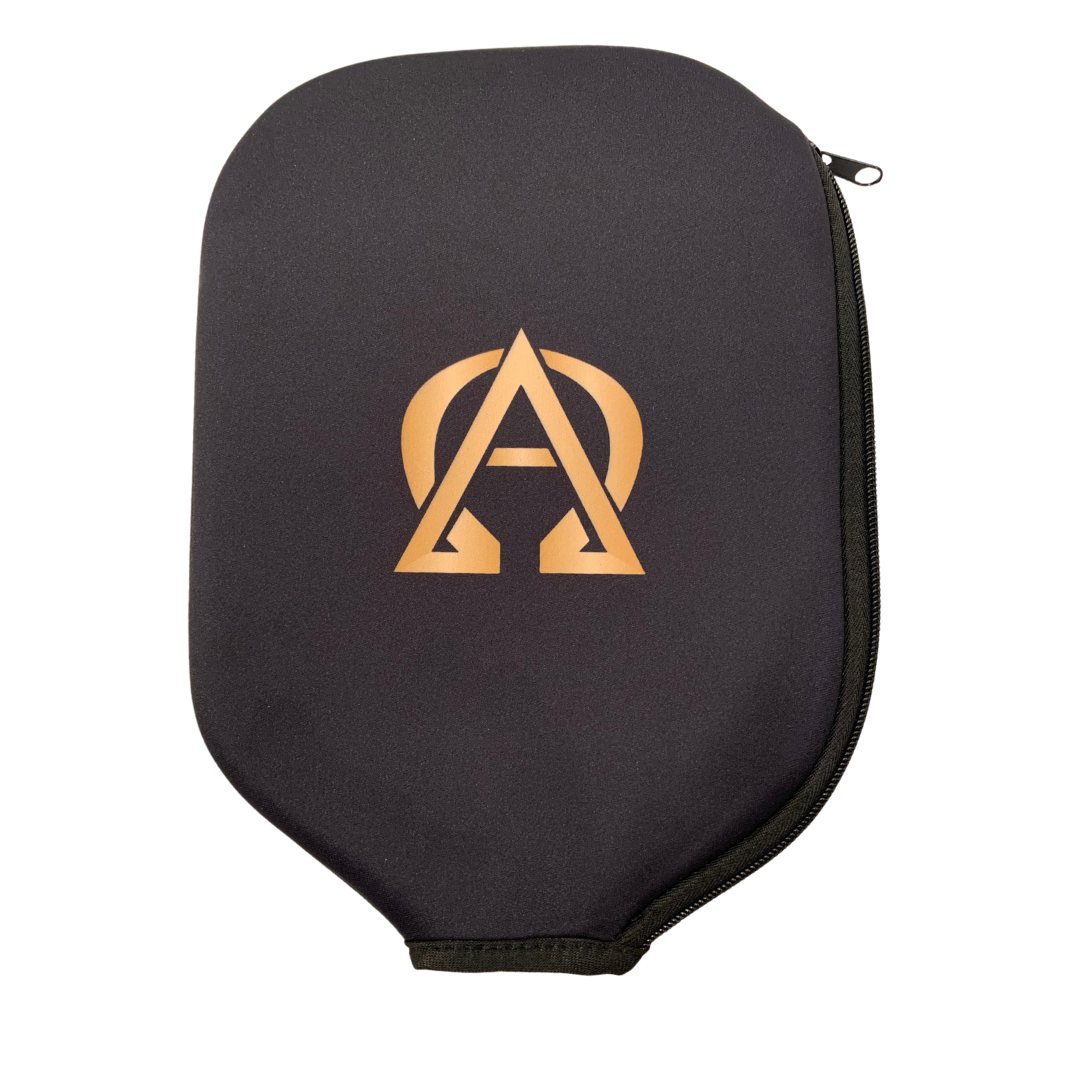 Black carrying case with gold logo.