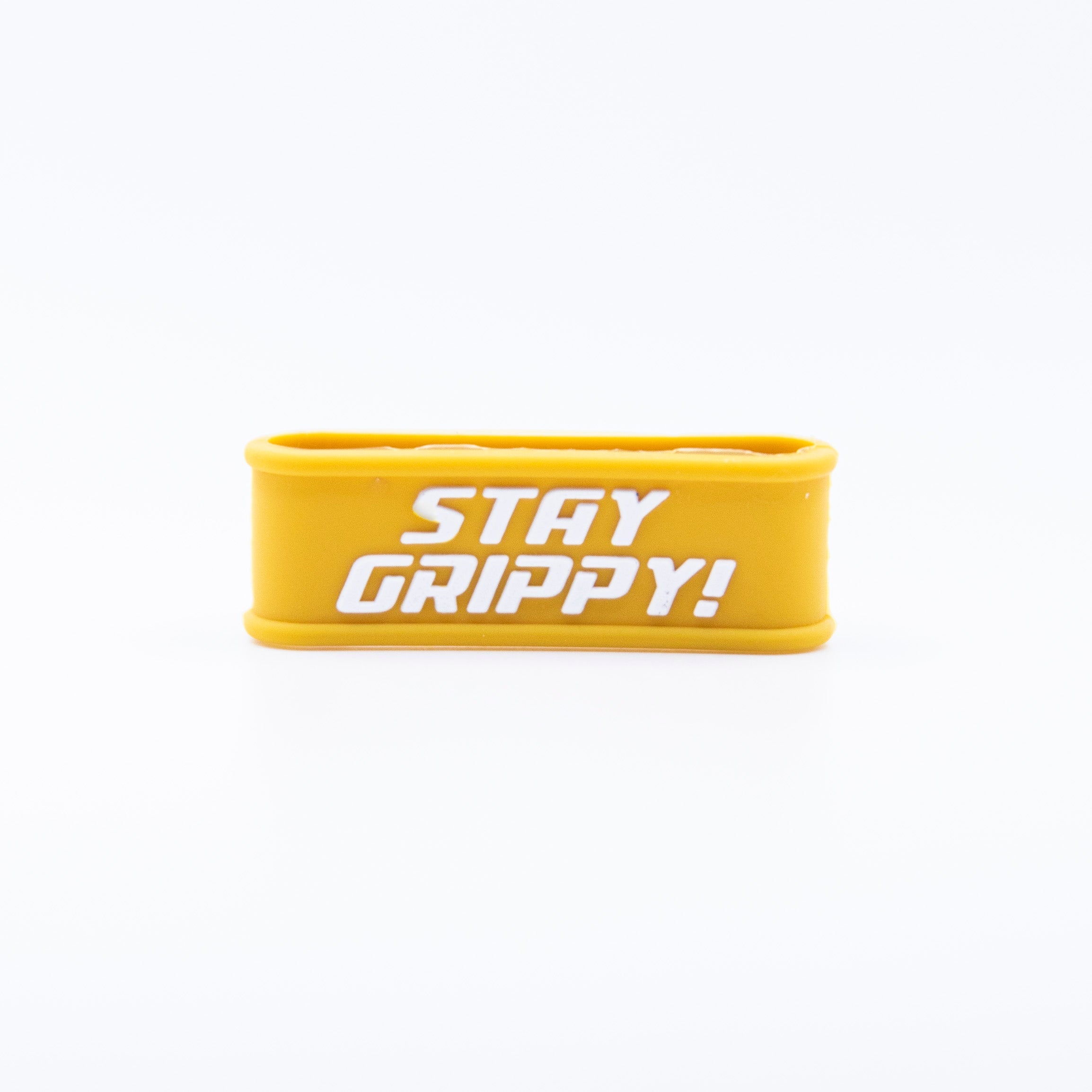 Yellow rubber band with white lettering "STAY GRIPPY!".