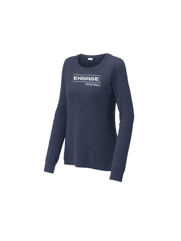 Dark blue heathered Women's Valor Exchange 1.5 Long Sleeve Crew by EngagePickleball, with white 'ENGAGE PICKLEBALL' logo on the chest, side view.
